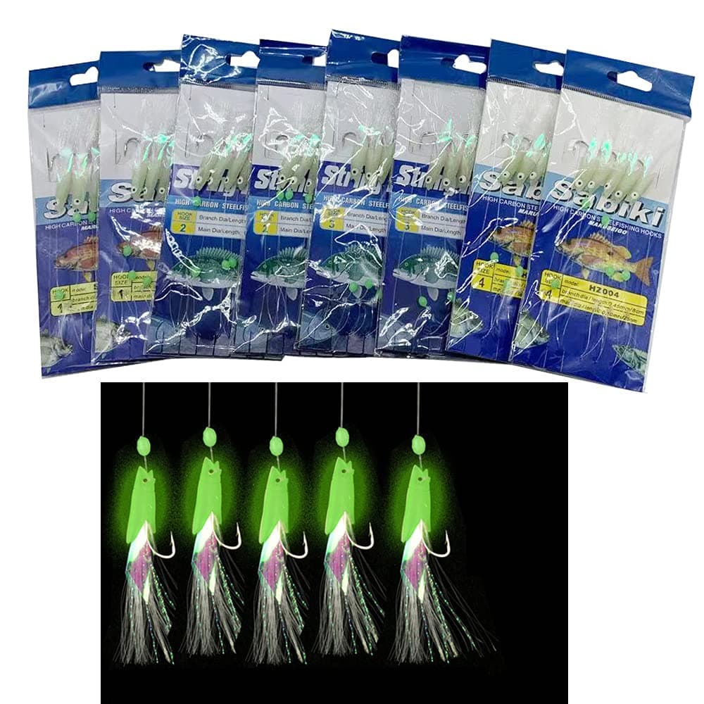 NA 8 Packs/40 Hooks Size 1#/2#/3#/4# Luminous Sabiki Rigs Fishing Flasher Lures Bait Rigs Fish Skin Glow Fishing Lure Fishing Beads High Carbon Hooks for Fresh/Saltwater