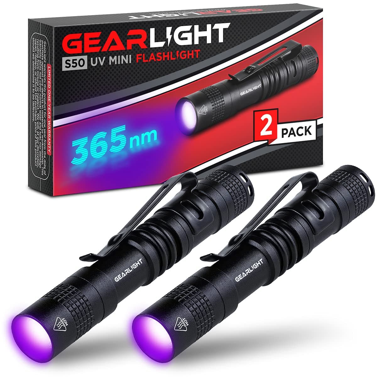 Black Light UV Flashlight S50 [2 Pack] - 365 nm Mini Blacklight Ultraviolet Pen Flashlights for ID Check, Leak AC Detection, Resin Curing - Pet Urine, Scorpion, Stain Handheld Detector