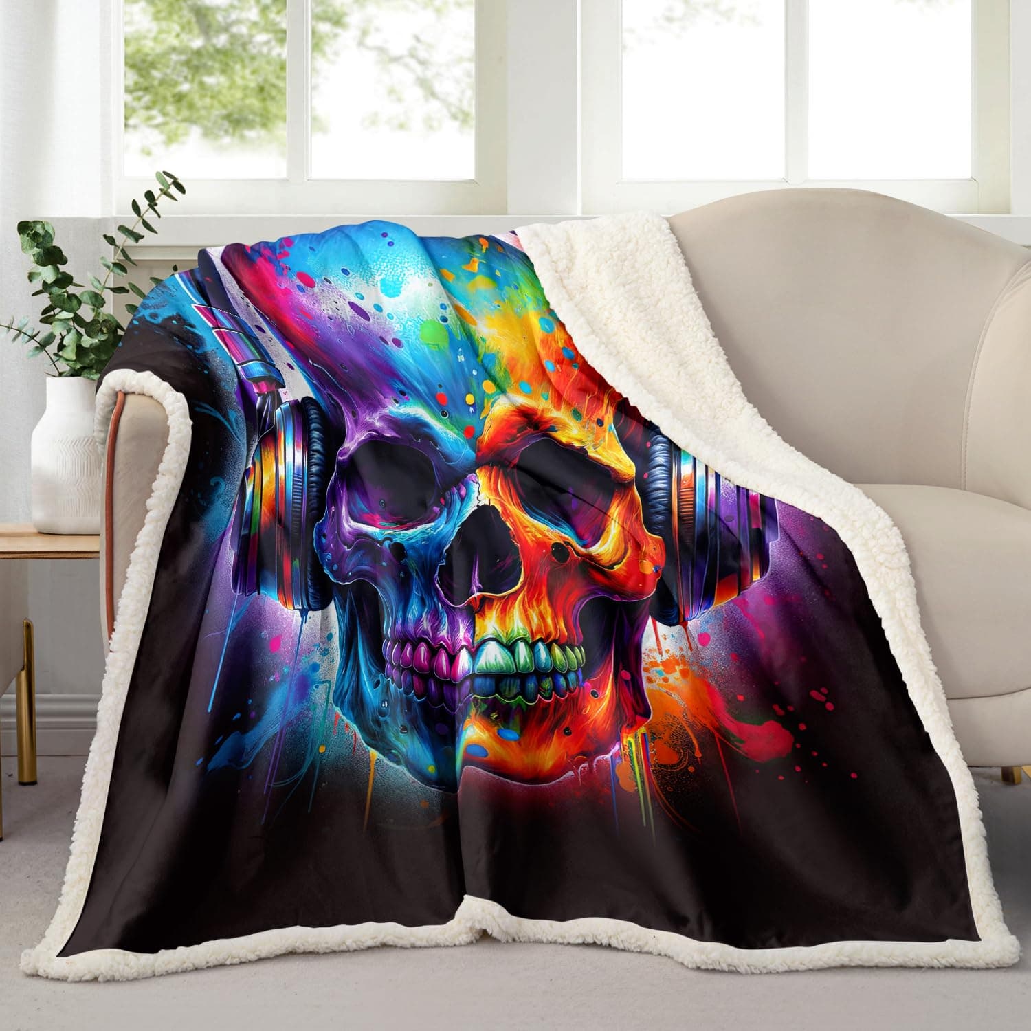 MASTERMARK Skeleton with Headphones Pattern Blanket Colorful Skull Extra Warm&Ultra Blanket for Bed Sofa Couch, Soft All-season&Breathable Sherpa Blanket 60"*80"