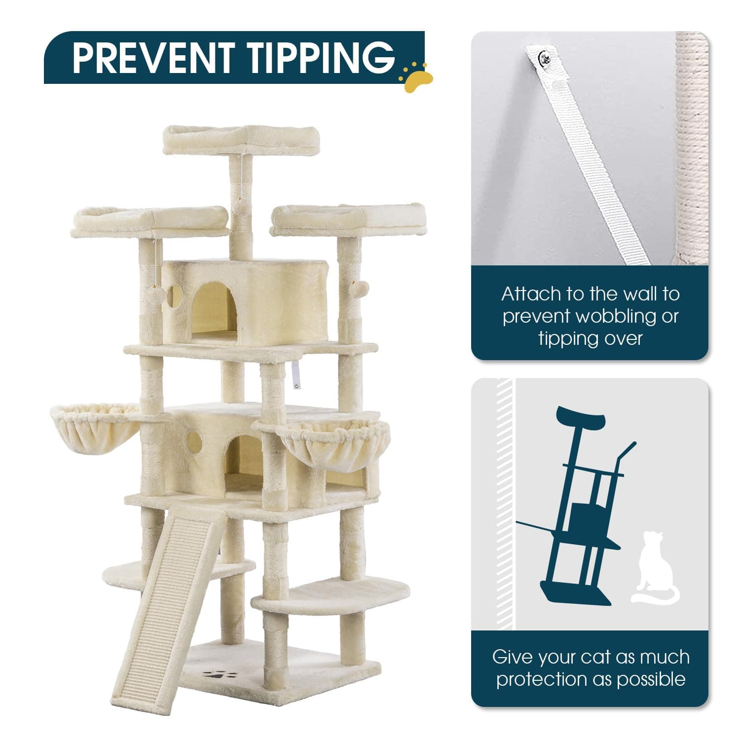 WEEWAY 68 Inches Multi-Level Large Cat Tree for Feline‌/Big Tower/Condo/Cozy Plush Kitty Perches/Fluffy Balls/Sisal Scratching Posts and Hammocks/Cave/Furniture Activity Center/Beige