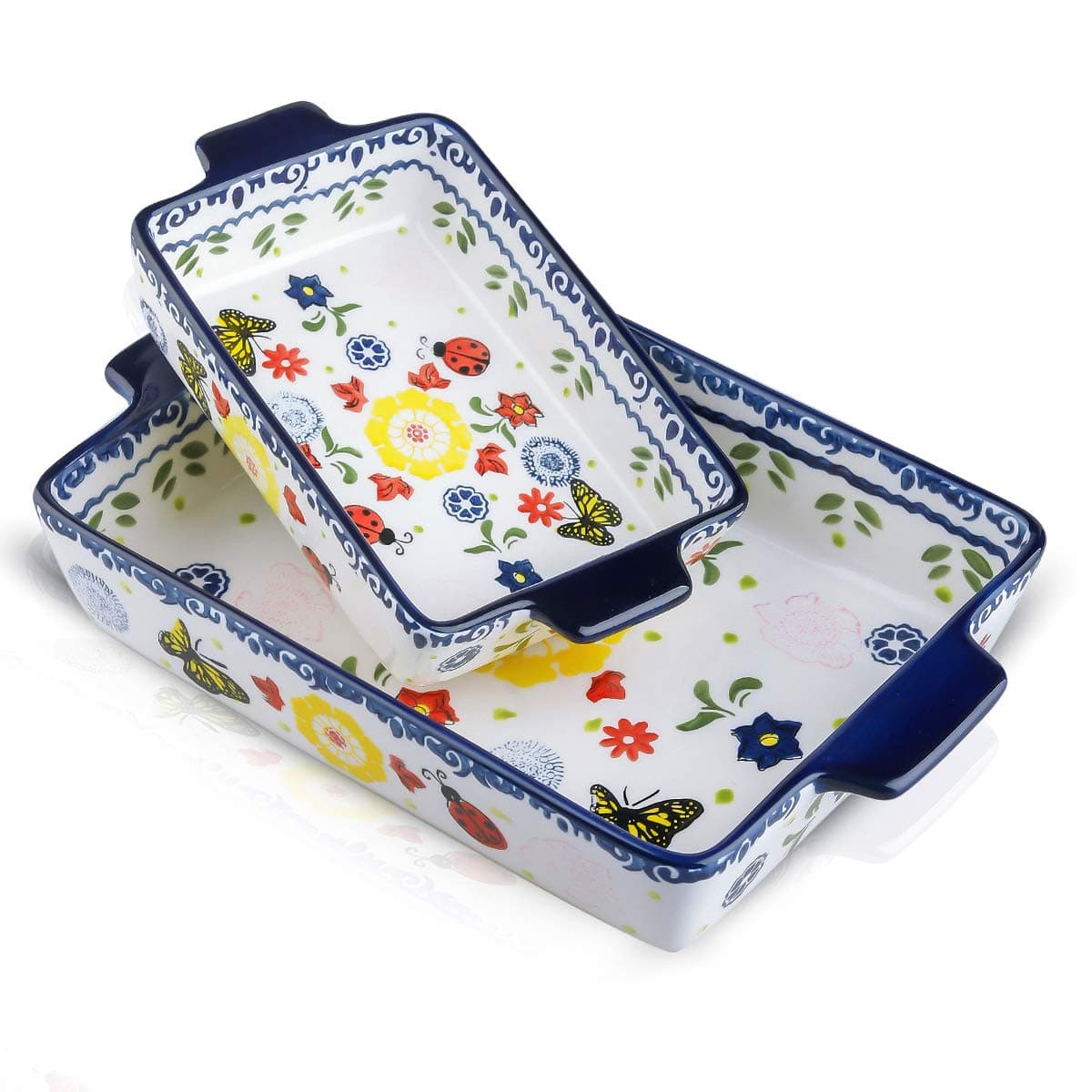 Ceramic Baking Dish Rectangular Bakeware Set Baking Pan, 2-Piece Stoneware Hand-Painted Lasagna Pan for Cooking, Cake dinner (Navy,10.63"L x 7.48"W x 2.28"H)