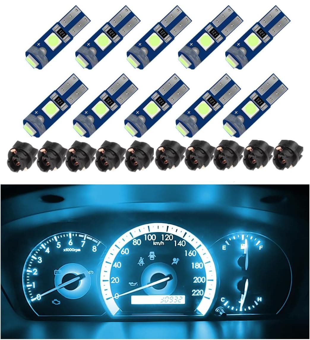 Karessories 10PCS T5 LED Map Light chip, 10PCS Dashboard Panel Rotary Plug, 3030-3 SMD LED Indoor Instrument Bulb,Instrument Panel Bulbs, Instrument Indicator Lights (Ice Blue)