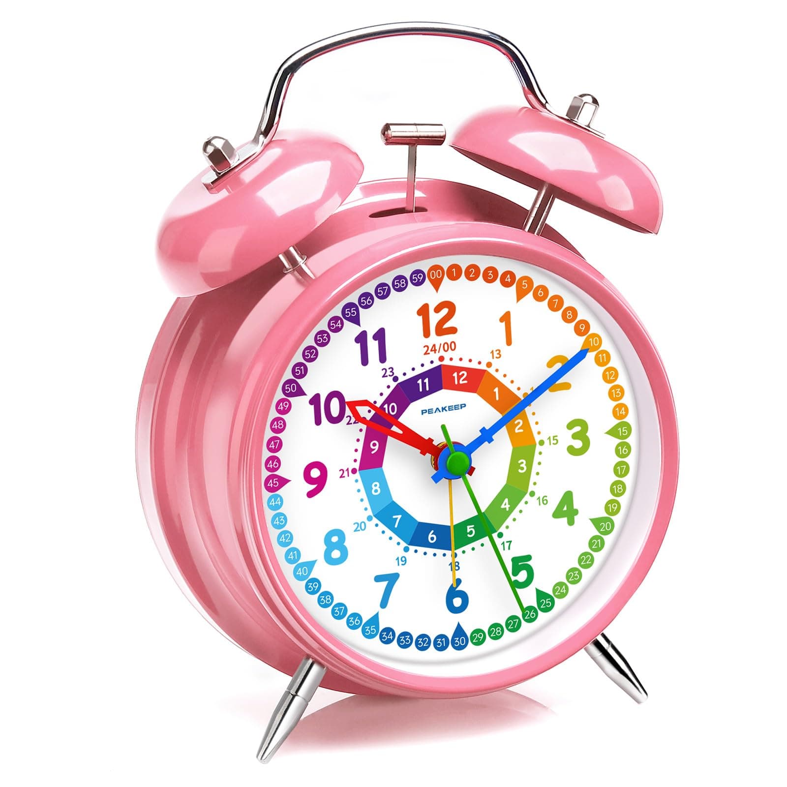 Peakeep Loud Alarm Clock for Kids Learning Telling Time Teaching Clock, 4 Inches Rainbow-Colored Twin Bell Analog Alarm Clock Battery Operated for Heavy Sleepers Adults Teenagers Kids