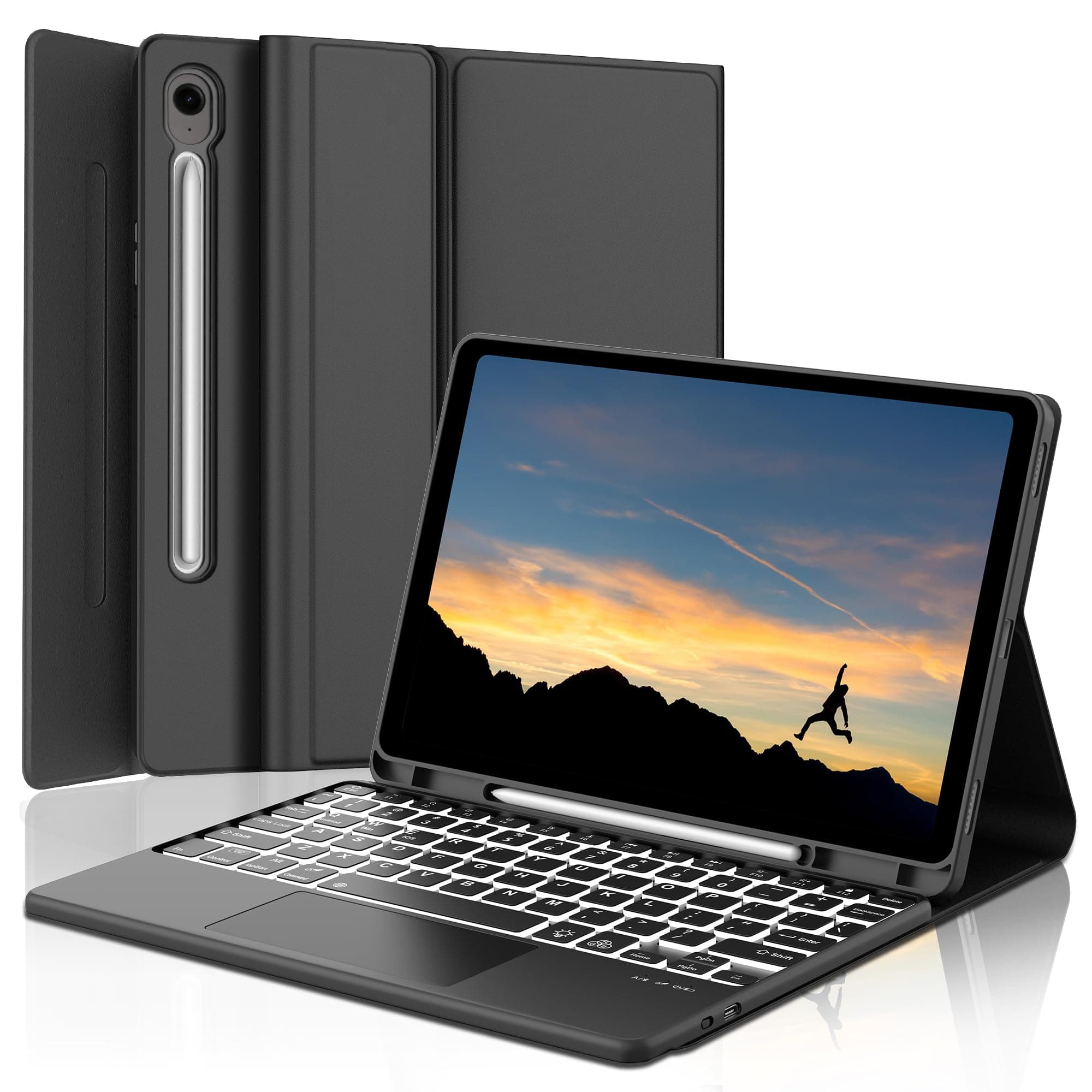 Galaxy Tab S9 FE 5G Case With Keyboard, Detachable Wireless Bluetooth Trackpad | 7 Colors RGB Backlit, Smart Folio Cover With S Pen Holder for Samsung Galaxy Tab S9 FE 10.9"/11 Inch, Black