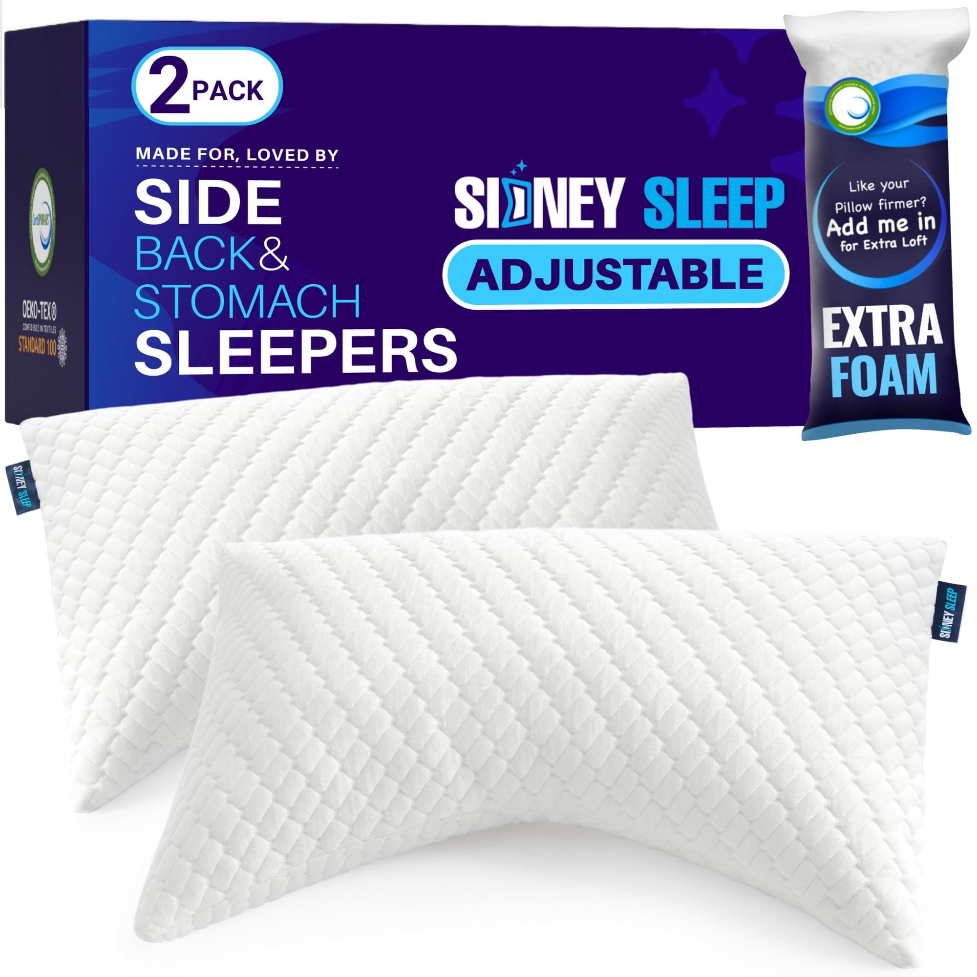 Sidney Sleep Queen Size 2 Pack Bed Pillow for Side and Back Sleepers - Adustable Loft
