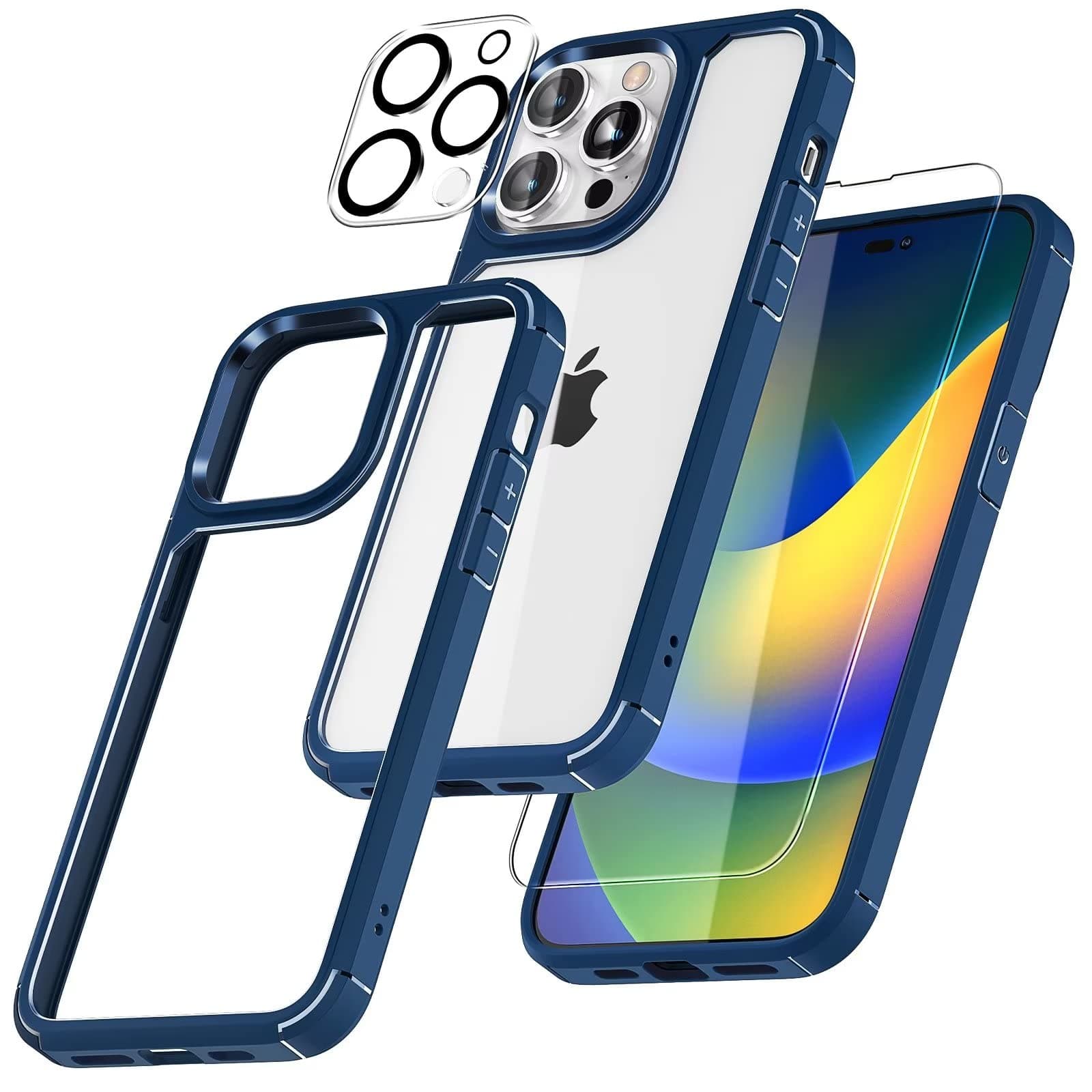 TAURI 5 in 1 Designed for iPhone 14 Pro Case, [Not Yellowing] with 2X Screen Protector + 2X Camera Lens Protector, [Military Grade Drop Protection] Shockproof Slim Phone Case 6.1 Inch, Blue