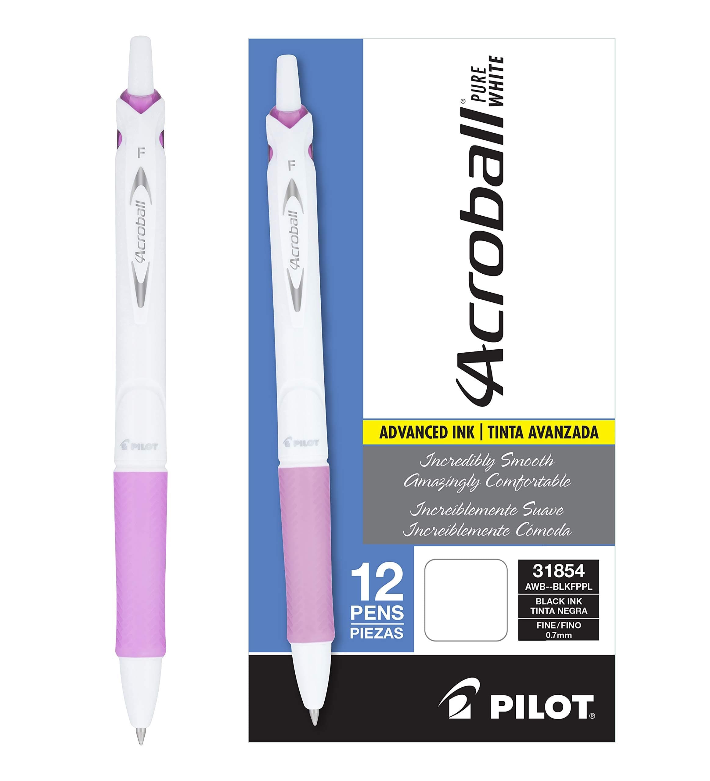 Acroball PureWhite Advanced Ink Refillable & Retractable Ball Point Pens with Purple Accents, Fine Point, Black Ink, 12-Pack (31854)