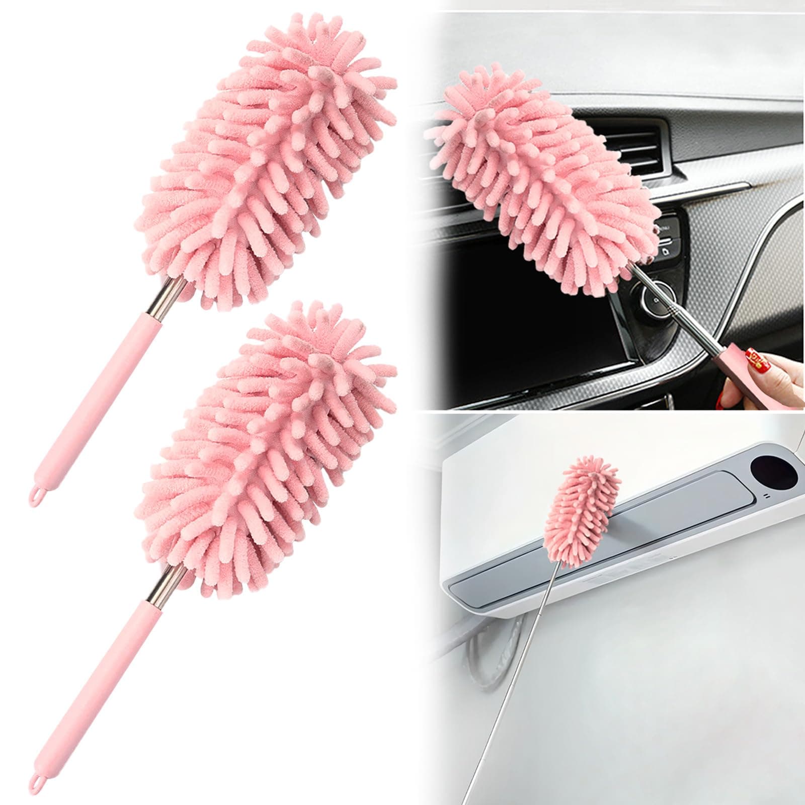 2Pcs Car Interior Duster with Extension Pole Soft Dash Vent Dusting Detailing Wash Brushes with Long Handle Duster Cleaner Tool New Car Must Haves Cleaning Supplies (Pink)