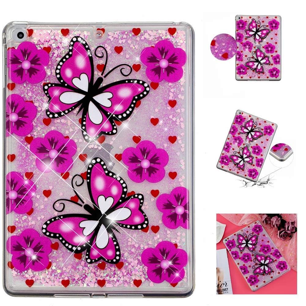 IPAD 5/6 Case, IPAD 9.7 Case, Transparent Clear 3D Creative Design Flowing Liquid Floating Bling Quicksand Sparkle TPU Bumper Glitter Slim Fit Cover Case for iPad 5/6 iPad 9.7 inch-Flower Butterfly