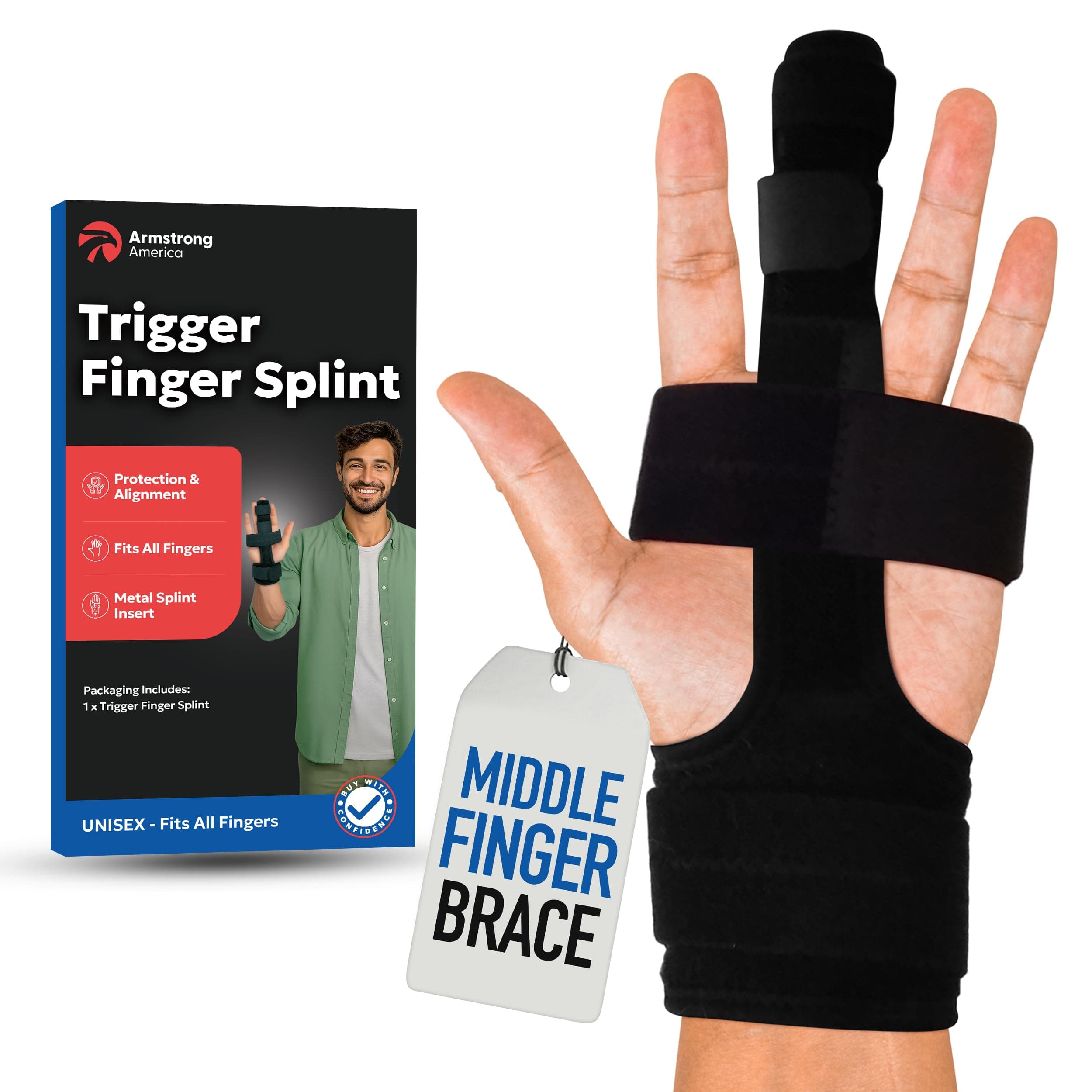 Trigger Finger Splint Middle Finger Brace | Middle Finger Splint For Broken or Fractured Middle Finger, Arthritis, Tendonitis, Tenosyvitis | Mallet Trigger Finger Straightener Immobilizer | LARGE