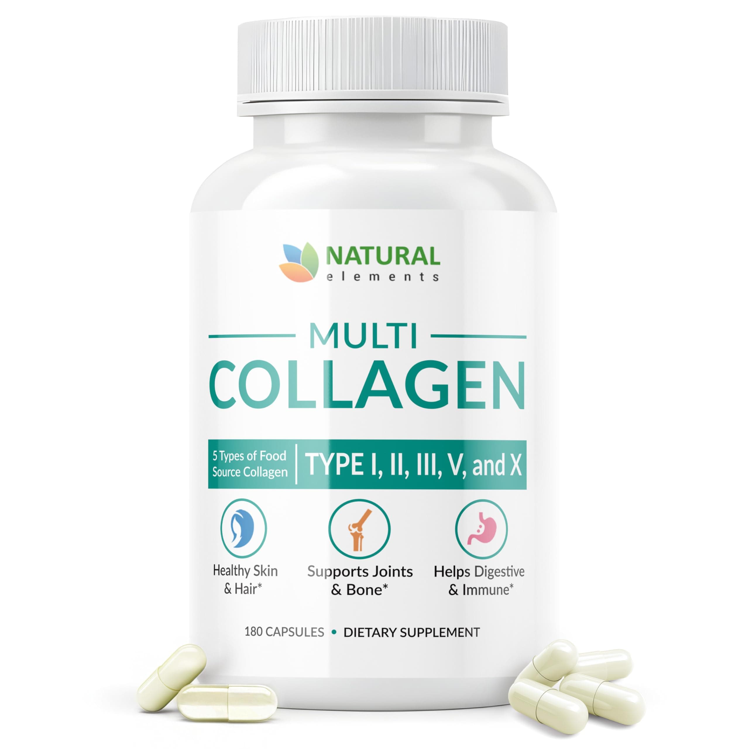 natural elements Multi Collagen 180 Protein Capsules - Type I, II, III, V, X Collagen Pills - Proprietary Blend of Eggshell, Chicken, Wild Fish & Grass-Fed Beef Collagen Peptides - 2025mg per serv