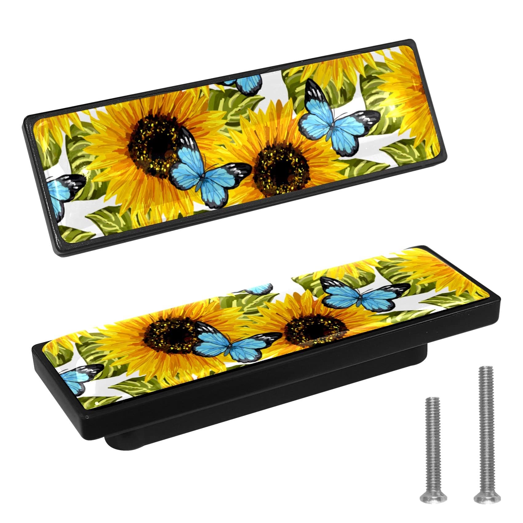 LORVIES4 Pack 3.6" Floral Decorative Cabinet Knobs, ABS Glass Rectangle Double Holes, Cabinet Dresser Drawer Door Handles Pulls for Home Kitchen Bedroom (Sunflower and Butterfly)