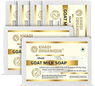 Khadi Organique Handmade Natural Goat Milk Soap Bar with Castor, Almond & Rice Bran Oils | Deep Moisturizing, Hydrating & Nourishing Formula | Sulfate & Paraben Free | 125g Each (Pack of 6)