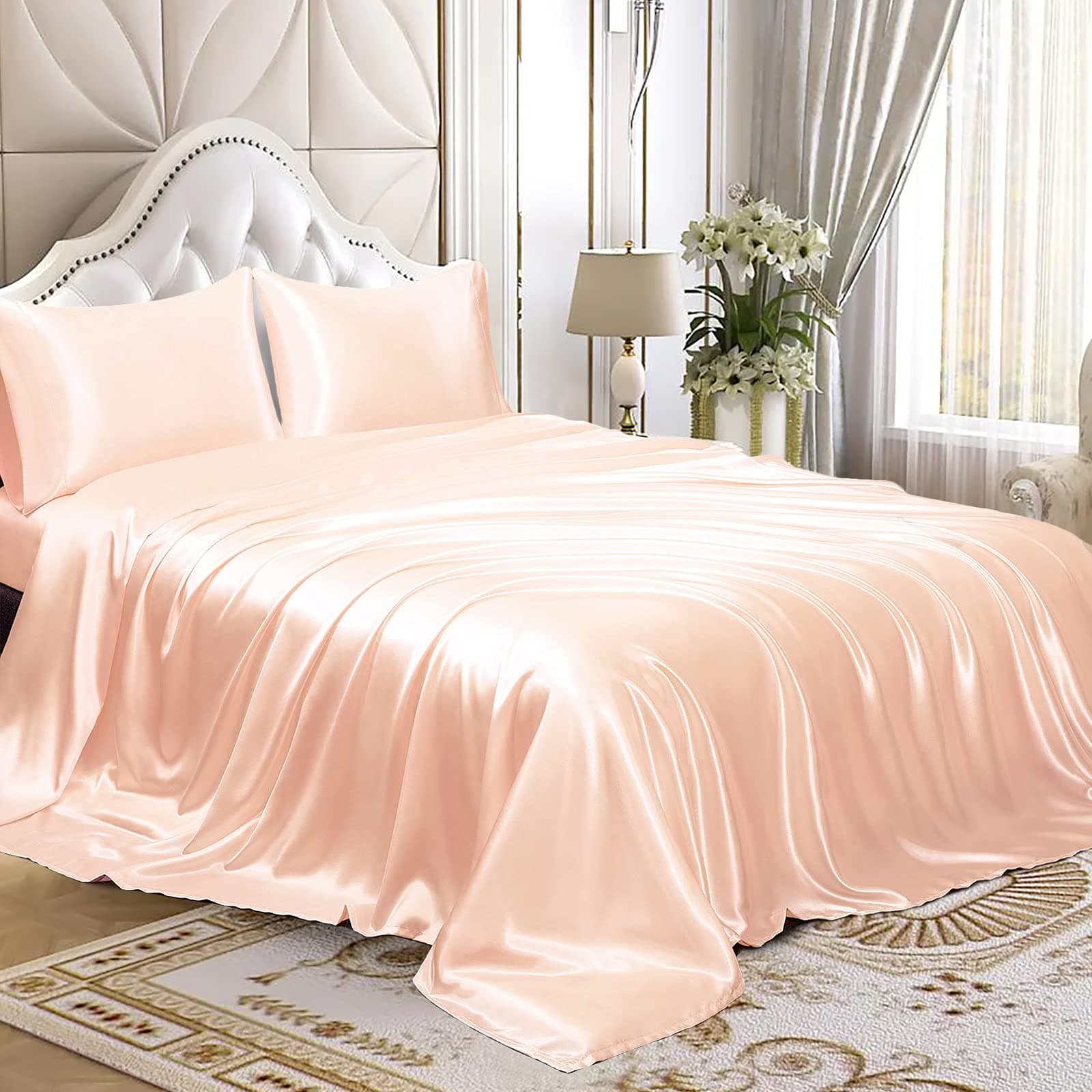 Homiest 4pcs Satin Sheets Set Luxury Silky Satin Bedding Set with Deep Pocket, 1 Fitted Sheet + 1 Flat Sheet + 2 Pillowcases (King Size, Champagne)