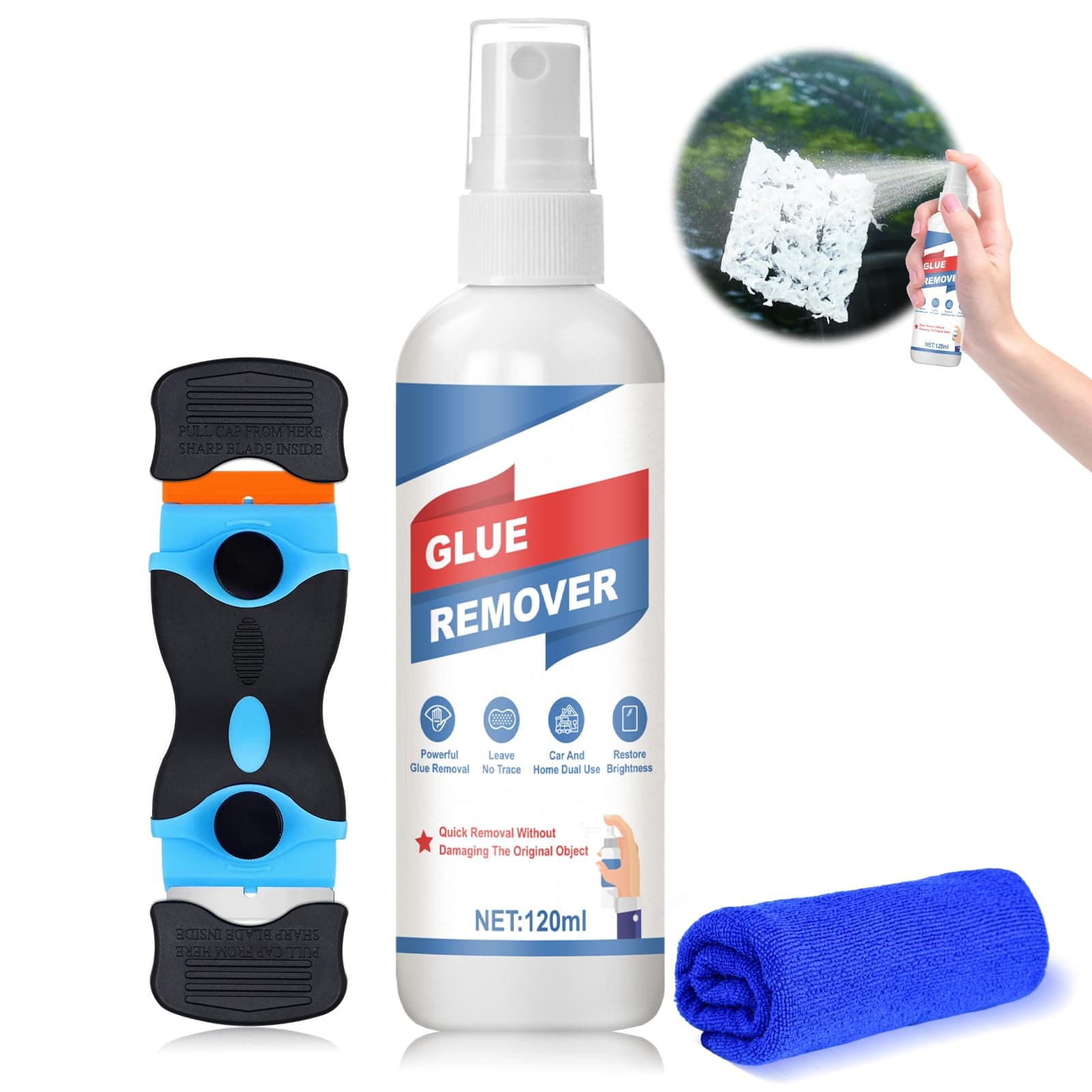 GanbaroAdhesive Remover 4 OZ Sticker Removal 1* Plastic Cleaning Scraper, 1* Towel Glue Remover Spray for Removing Stickers, Labels, Gum, Tape Residue-120 ml