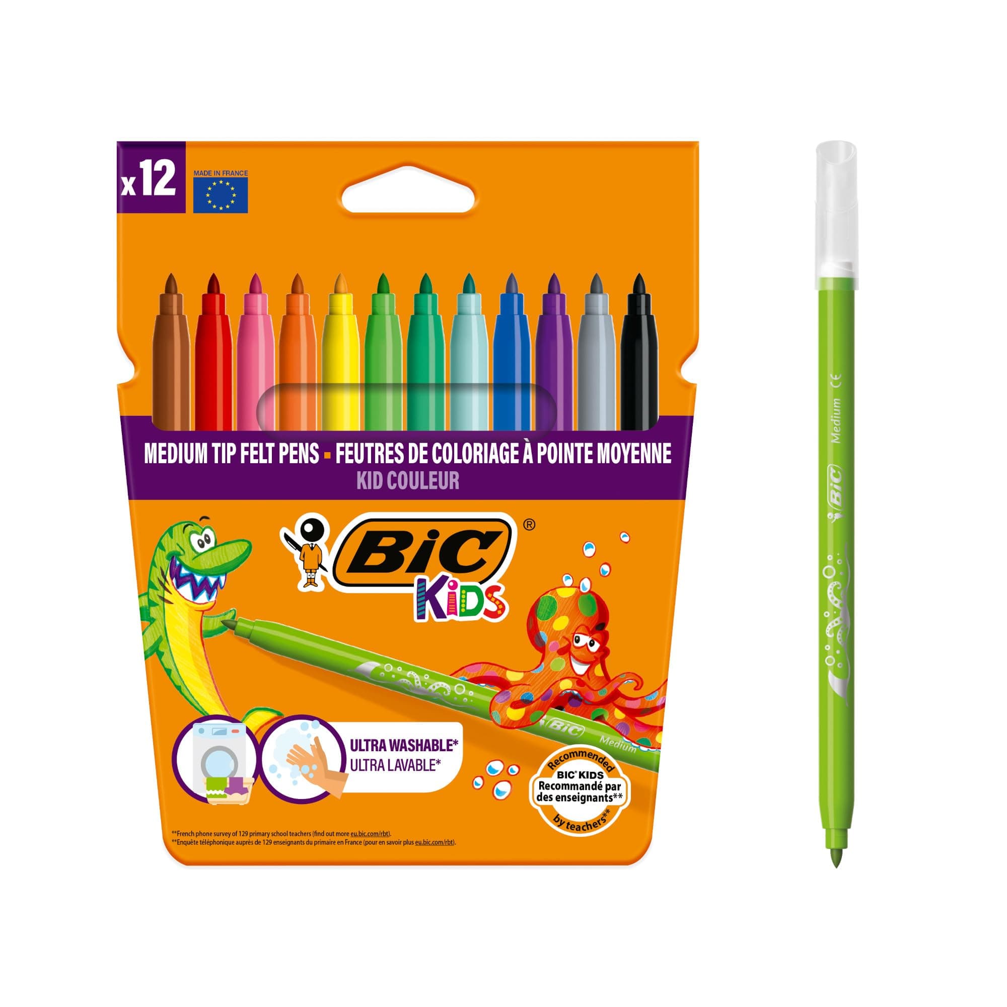 BIC Kids Felt Tip Pens, Kid Colour with Medium Blocked Tip, Vivid Colouring Pens, Washable Markers, Back to School Supplies, 12 Pack