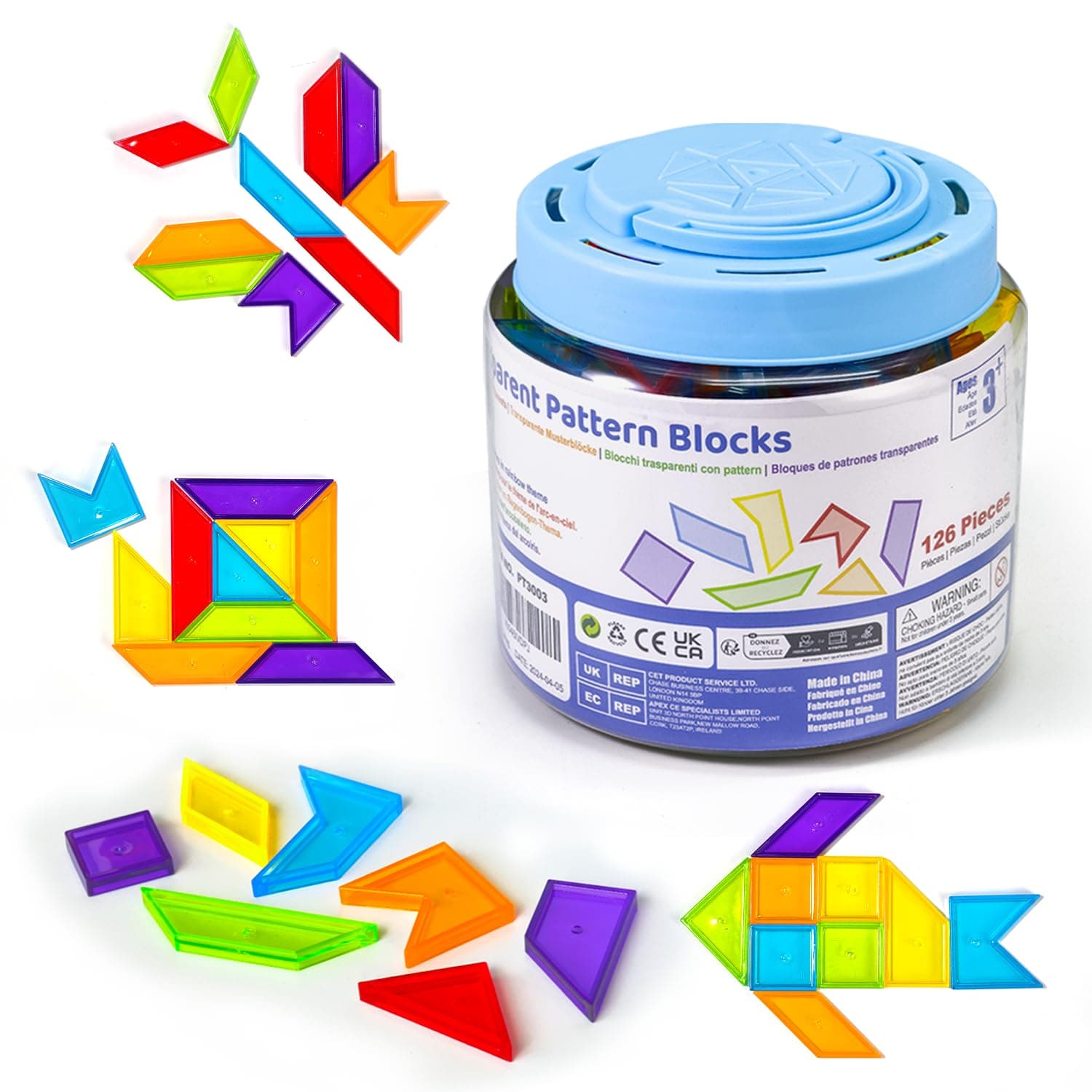 Transparent Pattern Blocks, 126 Pcs Geometric Shapes Blocks, Tangram Puzzles, Practice Sorting Counting Patterning, Math Manipulatives for Kids, Back to School Supplies, Teacher Supplies