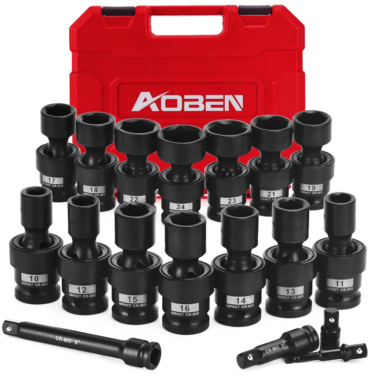 AOBEN 18 PCS 1/2" Drive Shallow Universal Impact Socket Set, Swivel Socket with Flexible Wobble, 6 Point, Metric,10-24mm,Cr-V Steel, Includes Extension Bars and Adapter