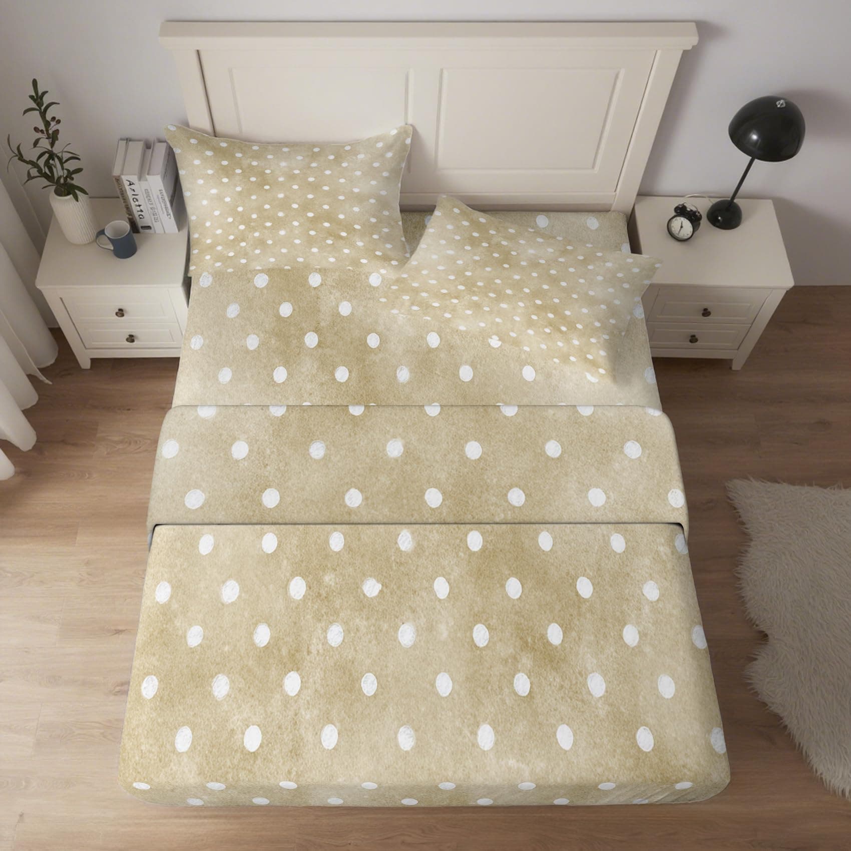 White Polka Dot Sheet Set Queen Size 4 Piece, Beige Vintage Minimalist Pattern Printed Bed Sheets with 16 Inch Deep Pocket, Polka Dot Bedroom Decor, Ultra Soft Microfiber Bedding (78-m)