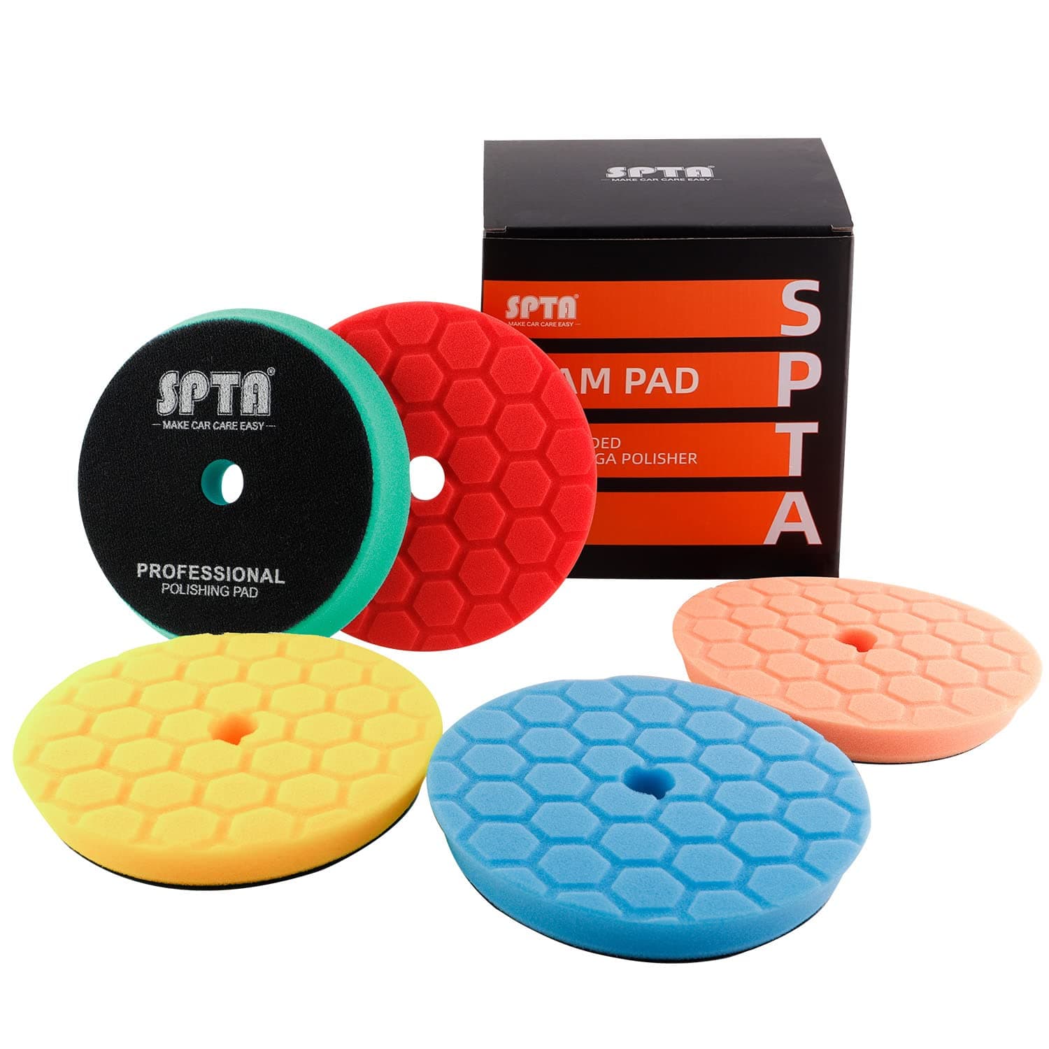 SPTA 5-Piece 125 mm Rear / 150 mm Front Hex Logic Polishing Sponges Wax Sponges Car Polishing Pad Polishing Pad Sponge Polishing Foam Set for 125 mm Eccentric Polishing Machine Grinding Machine