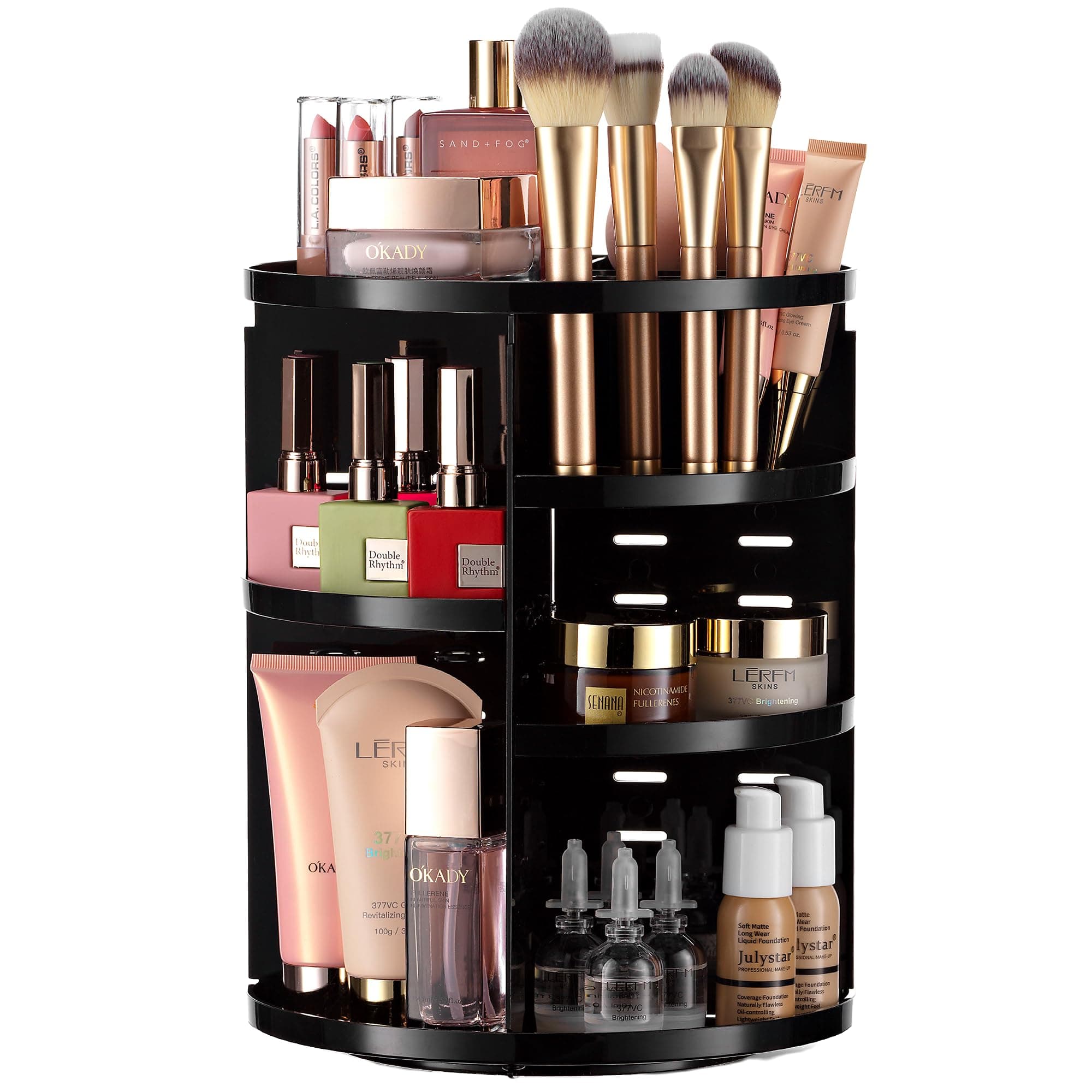 360 Rotating Makeup Organizer - Adjustable Shelf Height and Fully Rotatable. The Perfect Cosmetic Organizer for Bedroom Dresser or Vanity Countertop. (Black)