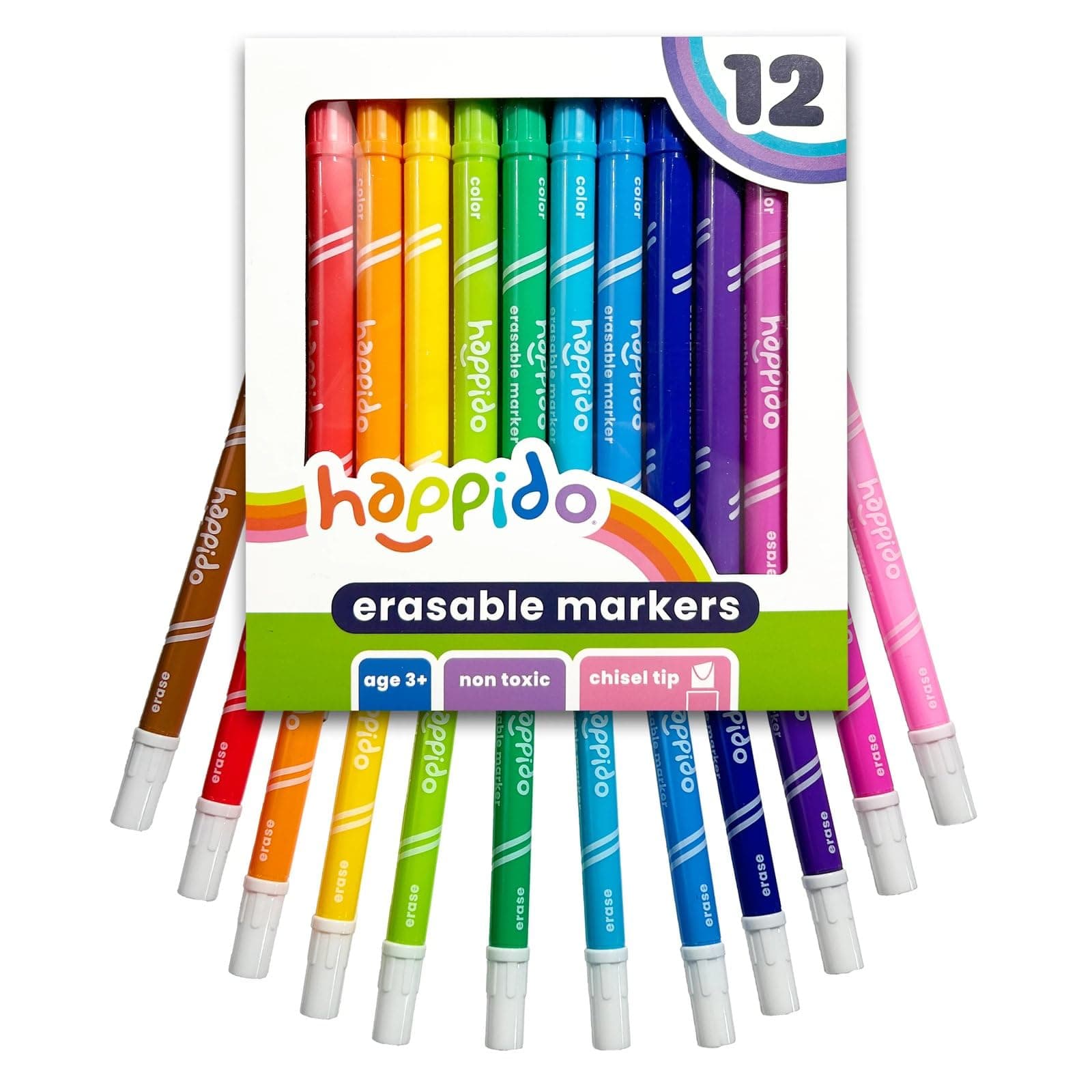 International Arrivals Double Sided Erasable Marker Sets for Kids Happido, Set of 12 Chisel Tip Non Toxic Markers, Great School Supplies, Art and Stationery Set