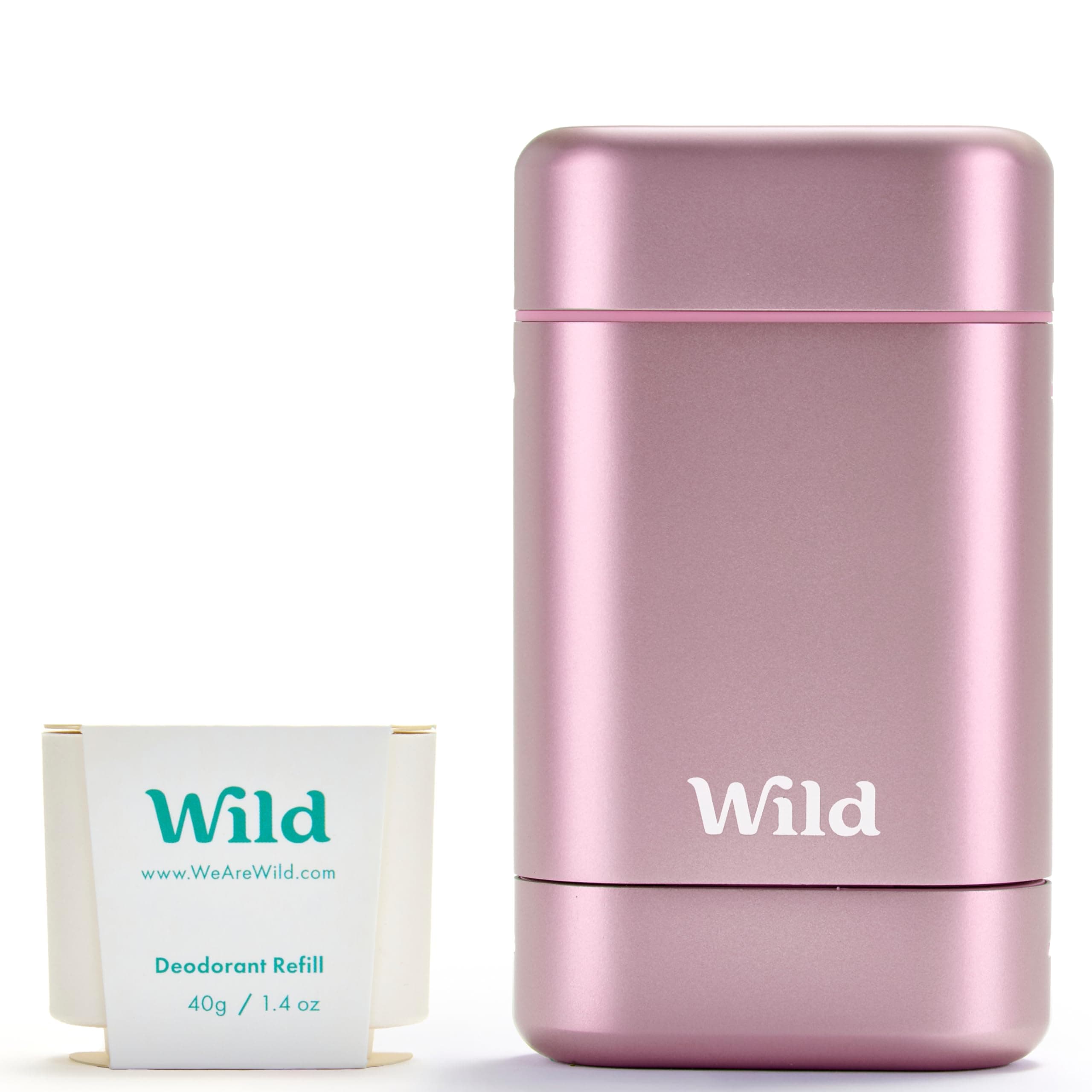 Wild Aluminum Free Deodorant for Women Starter Kit - Refillable Stick Deodorant with Pink Applicator Case & Fresh Cotton and Sea Salt Scented Refill (1.4oz) - Long Lasting Protection - Vegan Friendly