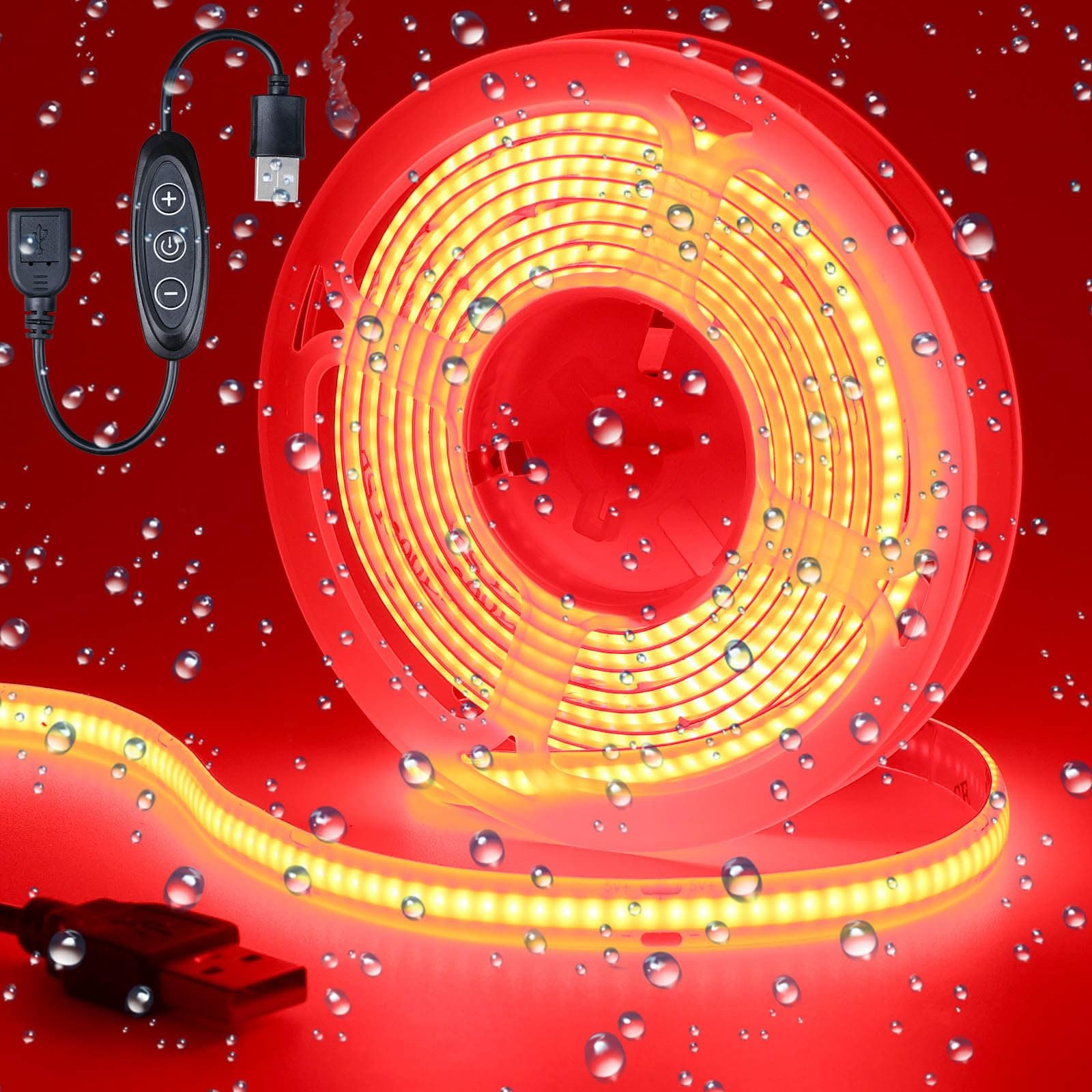 DC 5V USB COB Red LED Strip Light Dimmable IP65 Waterproof USB Powered 6.6ft/2M 640LEDs with Dimmer High Brightness Flexible LED Tape Lights