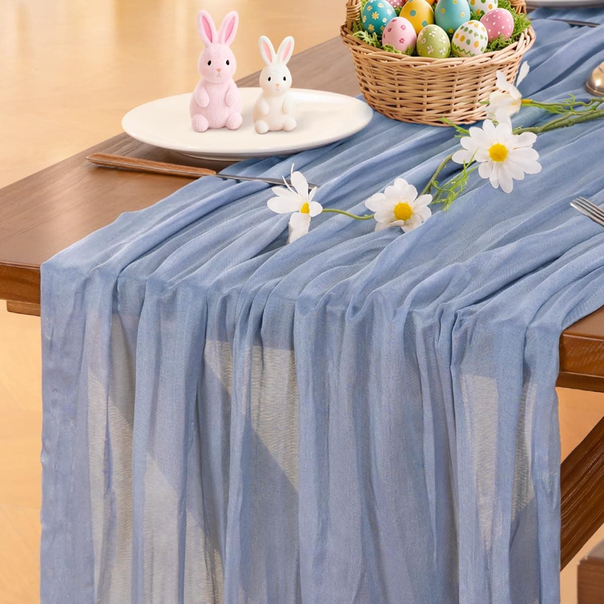 Socomi Dusty Blue Easter Spring Cheesecloth Table Runner Boho Rustic Gauze 120 inch 10FT Cheese Cloth Runner for Wedding Party Baby Shower Birthday Home Decor Holiday Decorations