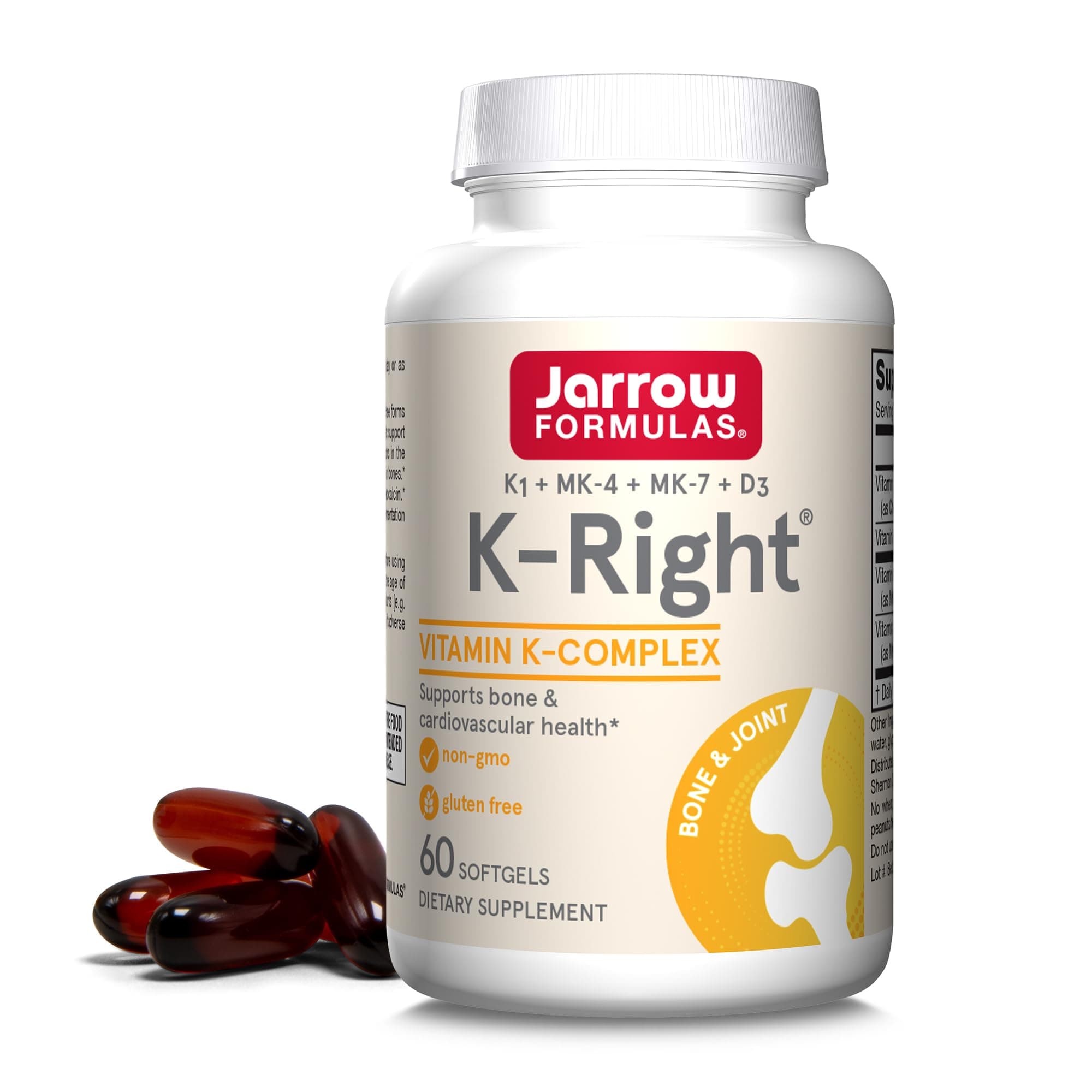 K-Right - Vitamin K-Complex (K1, MK-4, MK-7, D3) - 60 Servings (Softgels) - Dietary Supplement for Bone & Cardiovascular Health Support - Vitamin K2 MK-7 - Gluten Free