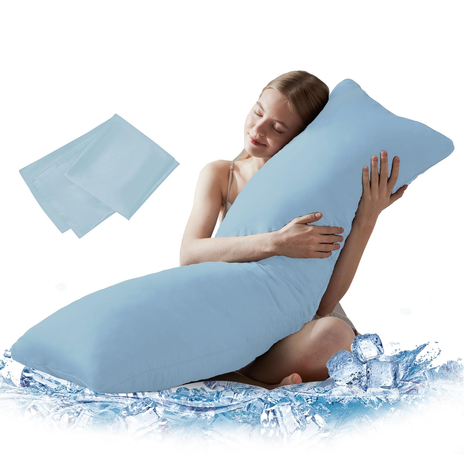 DOWNCOOL Large Body Pillow Insert with Cooling Cover - Soft Long Bed Pillow for Summer - Breathable Full Body Pillow for Adults - 20x54 inch (Blue, with Cover)