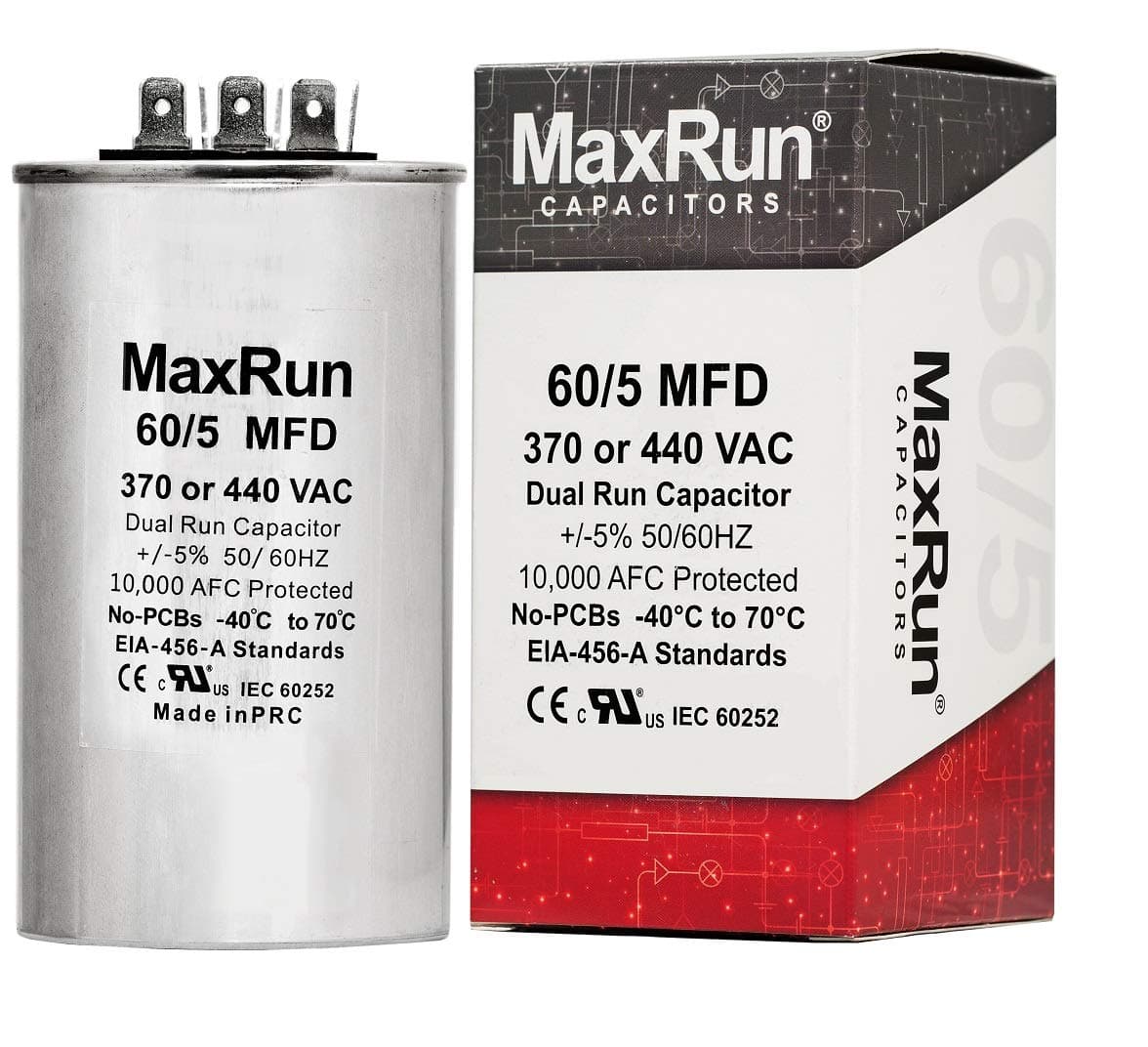 MAXRUN 60+5 MFD uf 370 or 440 Volt VAC Round Motor Dual Run Capacitor for AC Air Conditioner Condenser - 60/5 uf MFD 440V Straight Cool or Heat Pump - Will Run AC Motor and Fan - 1 Year Warranty