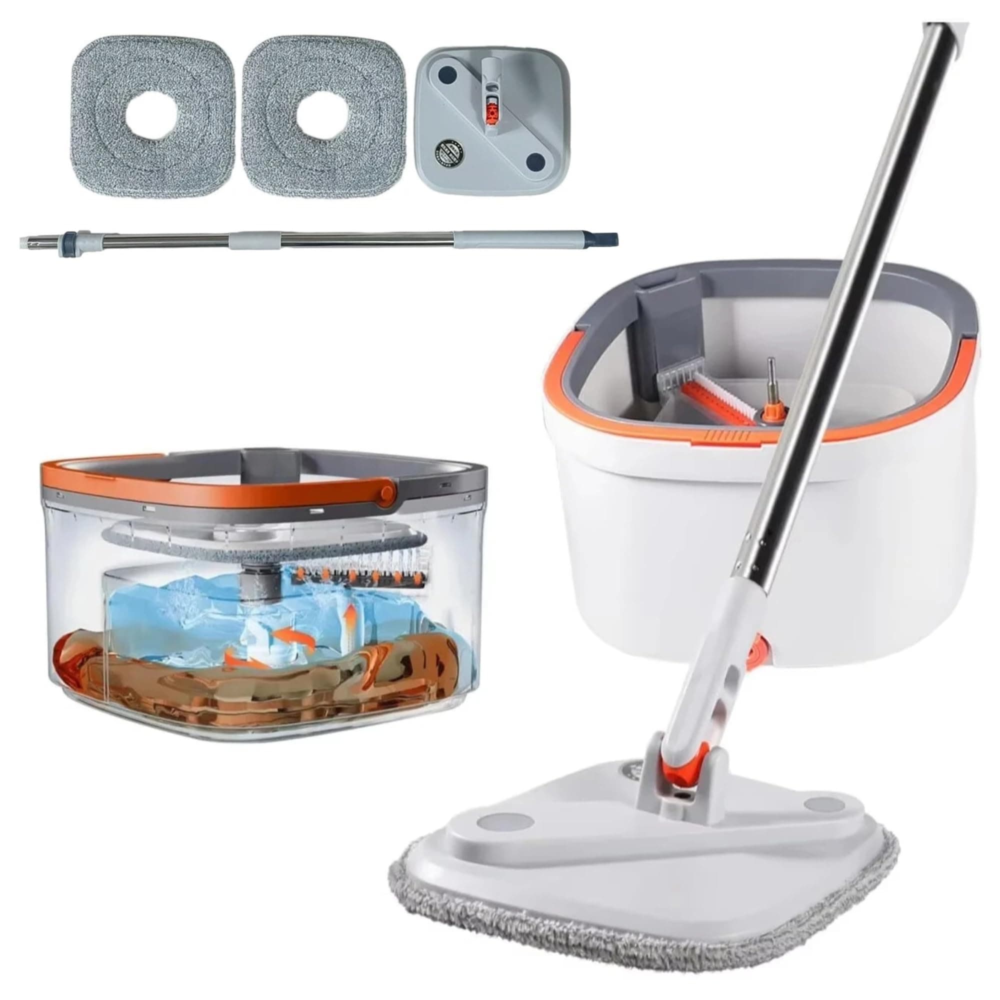 Queens Spin Mop & Bucket Set 360° Flat Mop with Self Separation Dirty and Clean Water System - 2Pcs of Ultra-Absorbent Microfiber Pad - Extended Handle for All Types of Floor Cleaning