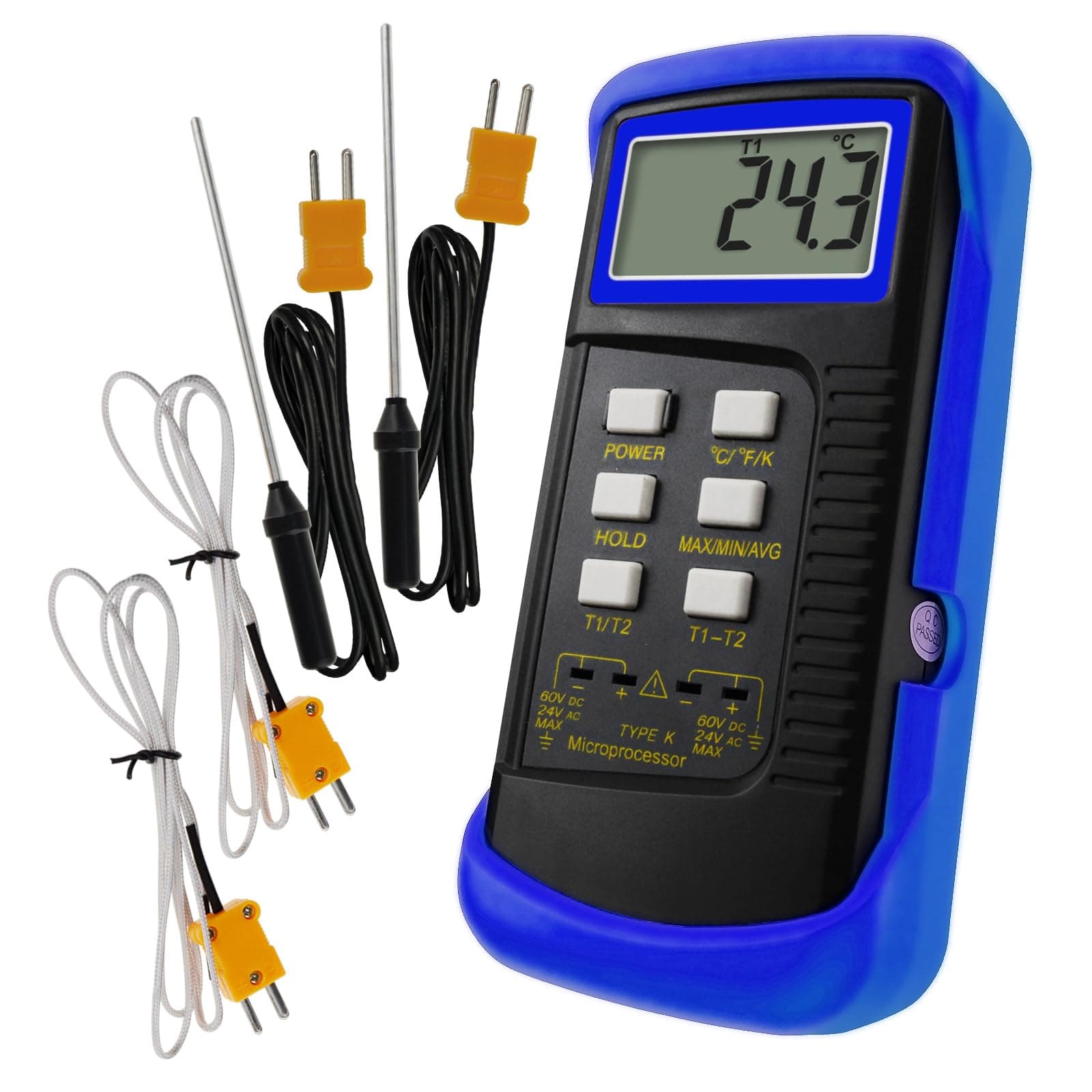 Digital 2 Channels K-Type Thermometer w/ 4 Thermocouples (Wired & Stainless Steel), -50~1300°C (-58~2372°F) Handheld Desktop High Temperature Kelvin Scale Dual Measurement Meter Sensor