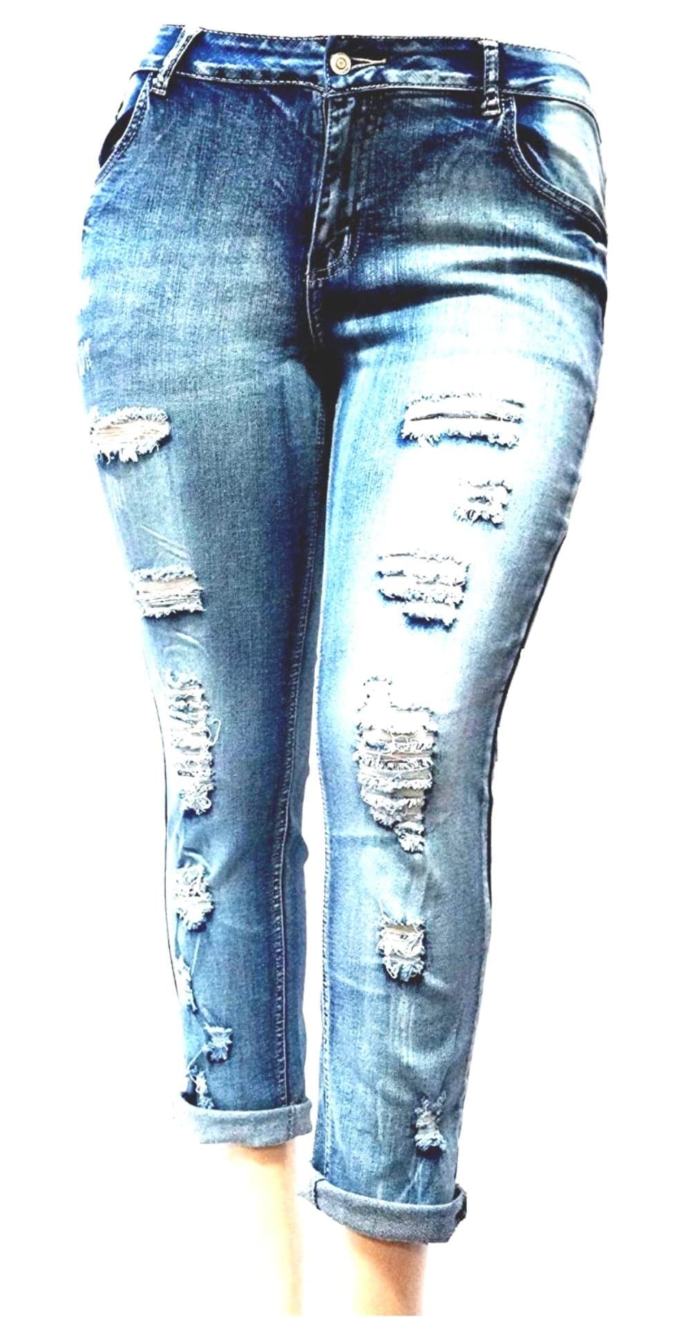 Jack David Womens Plus Size Ripped Destroy Blue Denim Distressed Stretch Jeans Pants