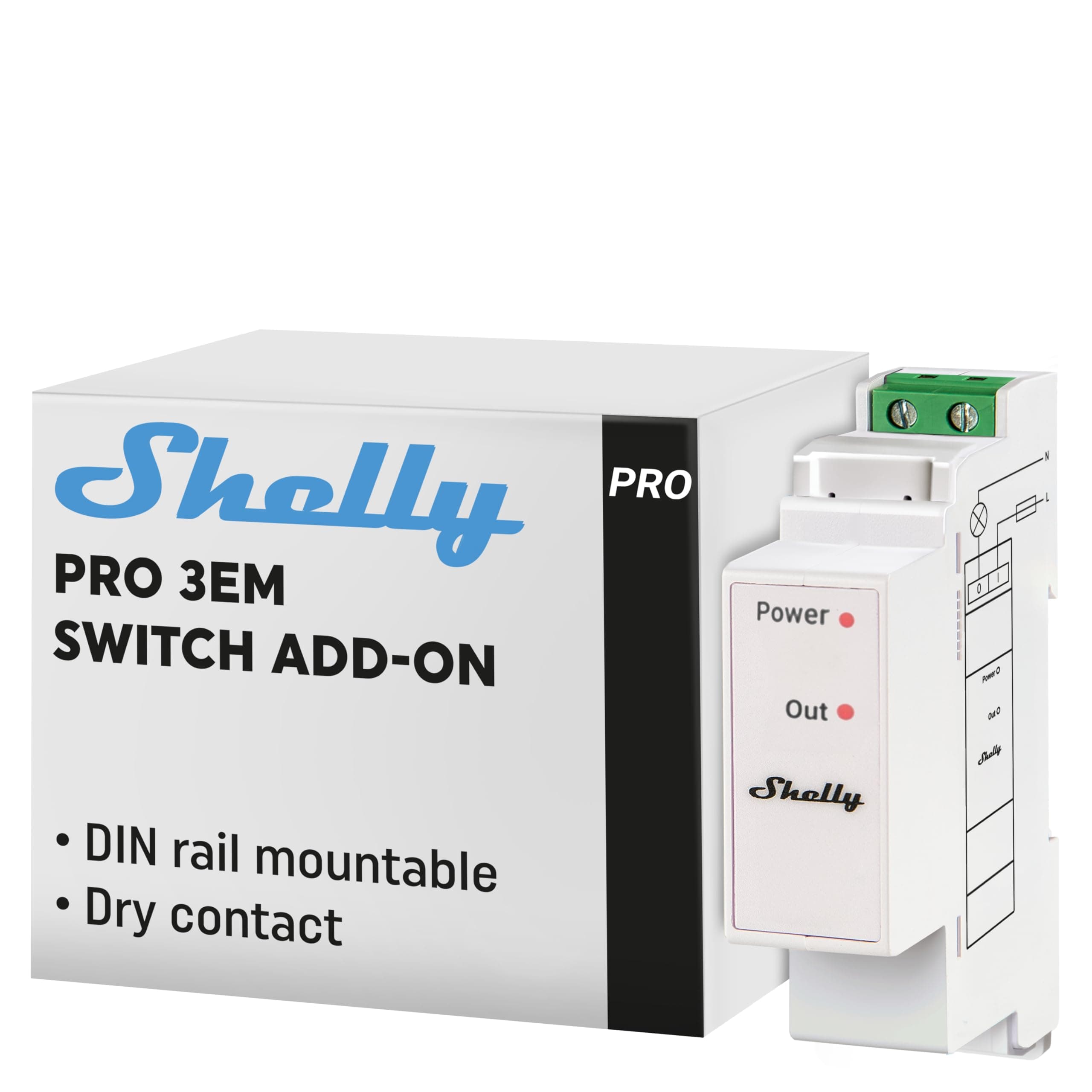 Shelly Pro 3EM Switch Add-On | Add-On Pro 3EM Dry Contacts DIN Rail Mounting | Home Automation | iOS Android app | No Hub Required | Solar Panels | Wind Turbines