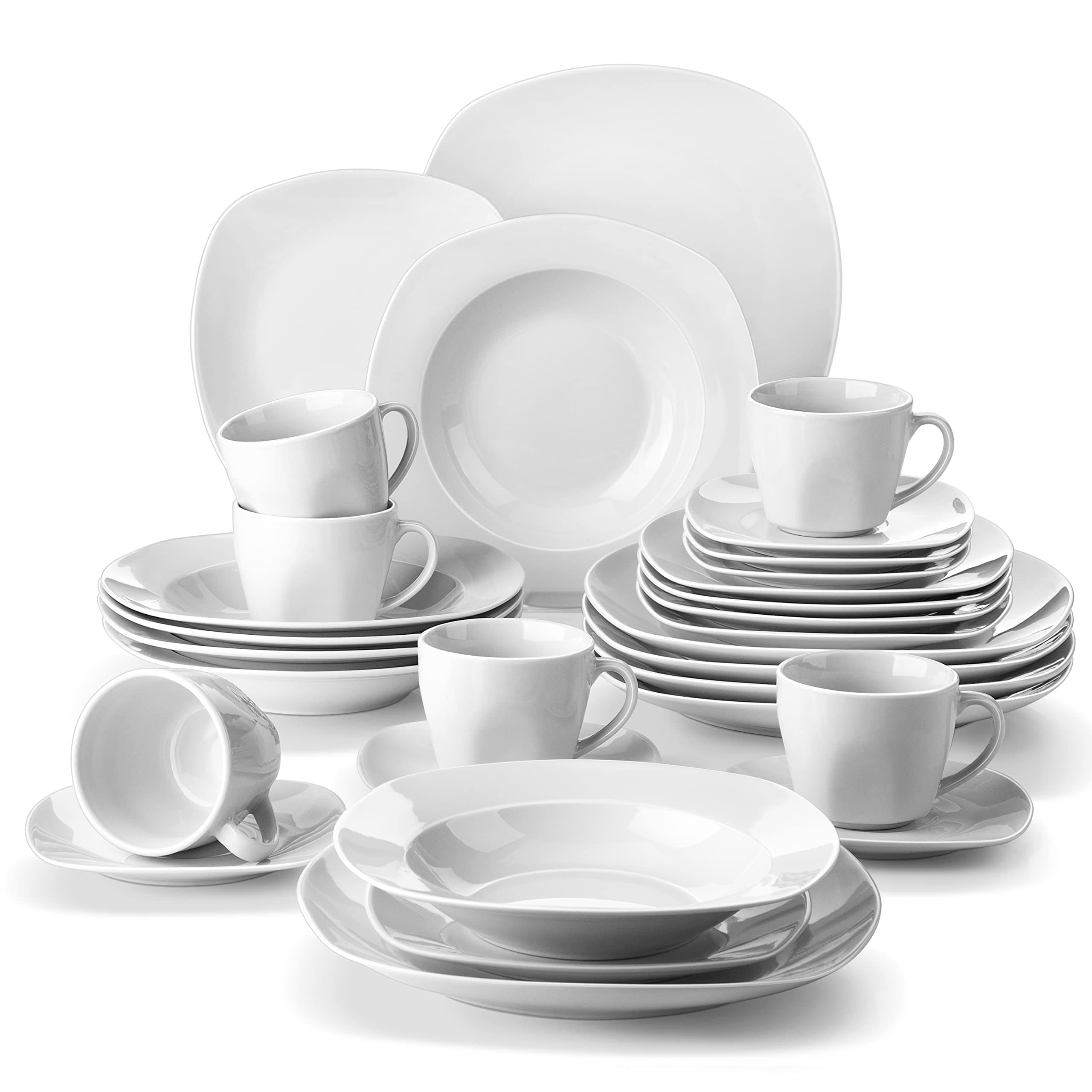 MALACASA 30 Piece Porcelain Dinnerware Set, Grey White Dish Set for 6, Square Ceramic Dishware Sets, Chip and Scratch Resistant Plates and Bowls Sets, Cups and Saucers, Series ELISA