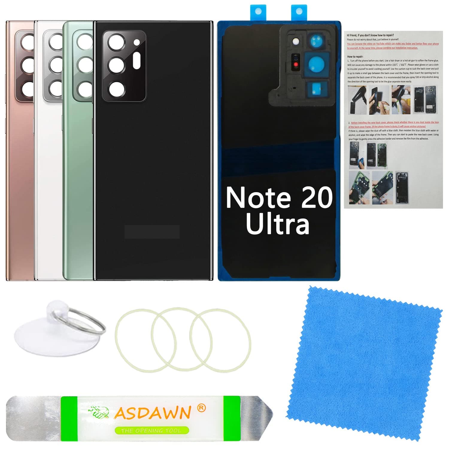 Galaxy Note 20 Ultra Back Cover Glass Replacement w/Pre-Installed Camera Lens+All The Adhesive+Installation Manual+Repair Tool Kit for Samsung Galaxy Note 20 Ultra SM-N985 All Carriers (Mystic Black)