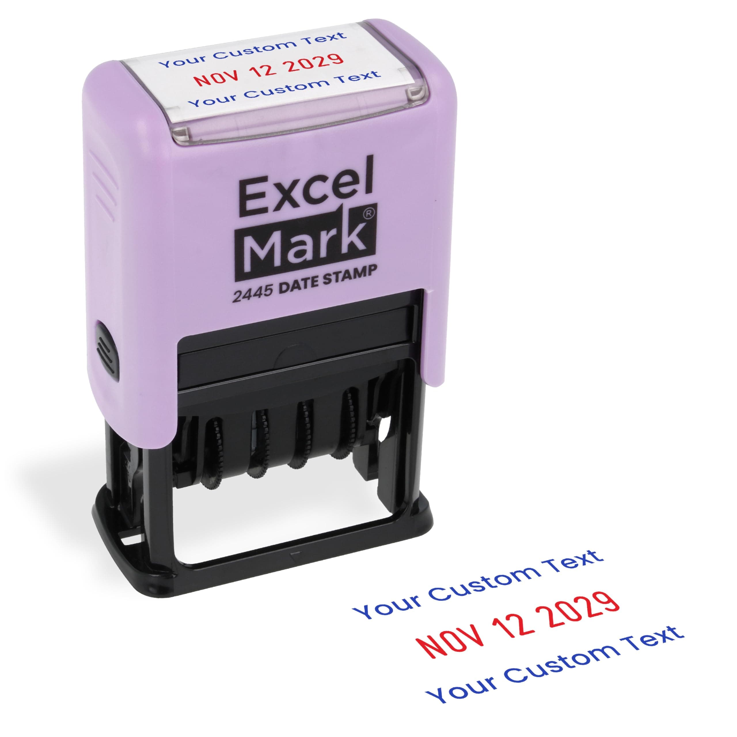 ExcelMark 2445 Date Stamp with Text - Blue and Red Ink (Violet Mount, Custom)