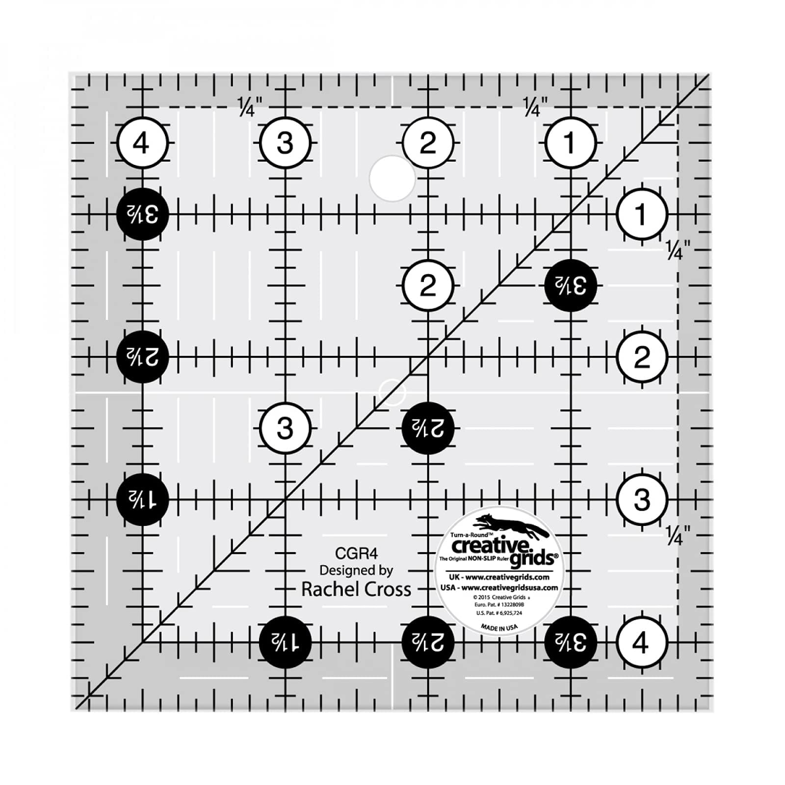 Creative Grids Quilt Ruler 4-1/2in x 4-1/2in Square – CGR4 – Made in USA, Non-Slip Grip Acrylic Quilting, Sewing, Crafting, Patchwork Ruler for Measuring & Cutting Fabric