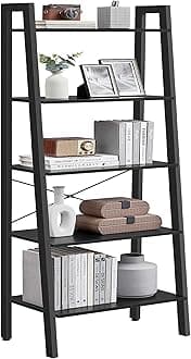 VASAGLE Ladder Shelf, 5-Tier Bookshelf, Storage Rack, Bookcase with Steel Frame, for Living Room Home Office, Kitchen, Bedroom, Industrial Style, Ebony Black + Black