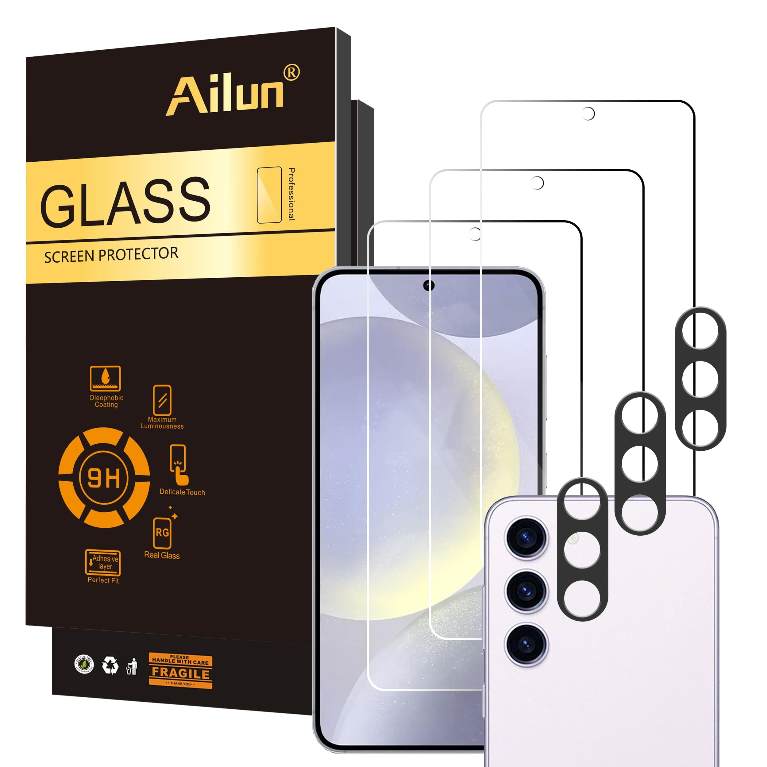Ailun Screen Protector for Galaxy S24+ / S24 Plus [6.7 Inch] 3Pack + 3Pack Camera Lens Tempered Glass Fingerprint Unlock 0.25mm Anti-Scratch Case Friendly Clear - HD