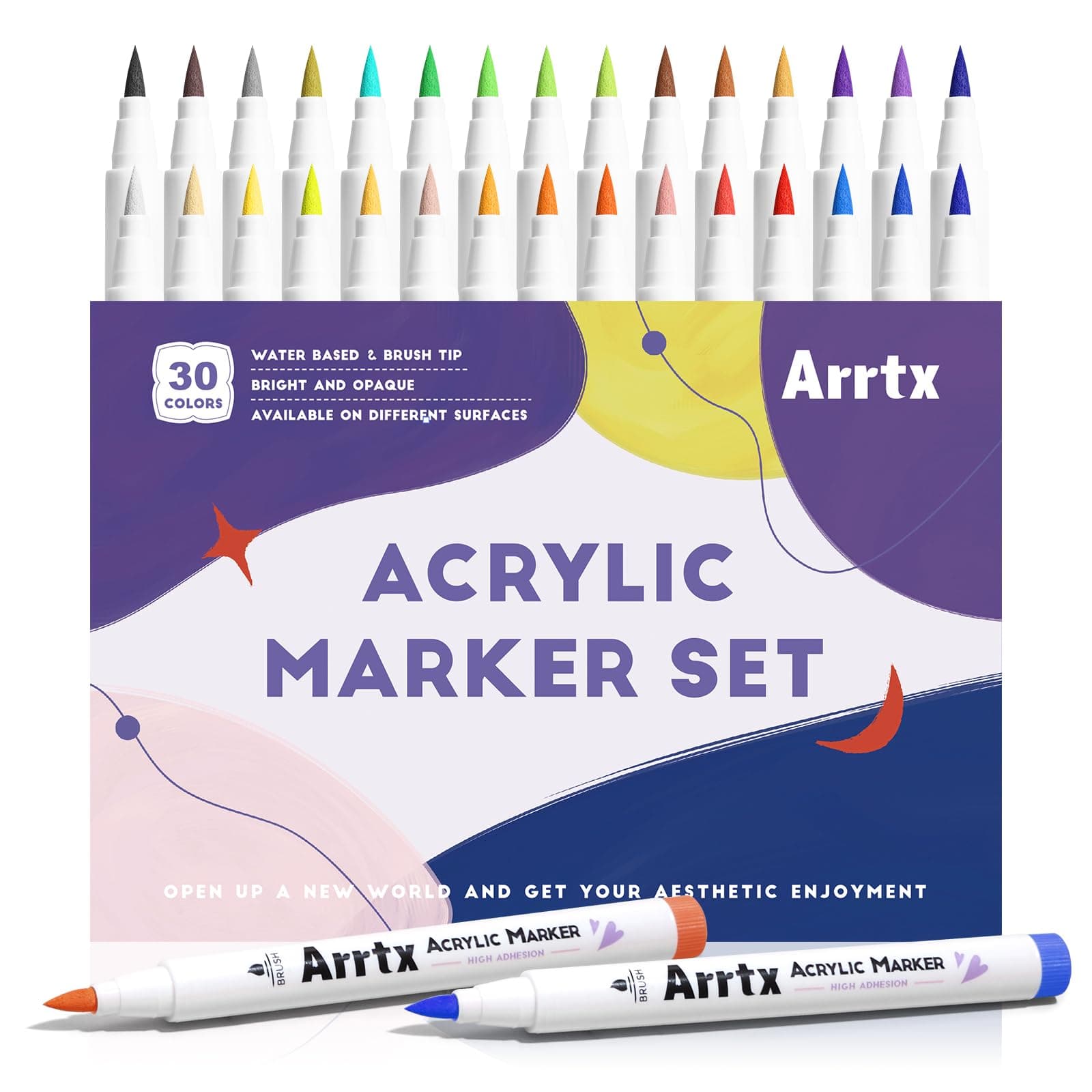 Arrtx Acrylic Paint Pens Basic Series 30B Colors,Brush Tip Acrylic Pens Markers for Rock Painting Wood Ceramic Glass Canvas Metal Plastic Fabric Stone and DIY Project