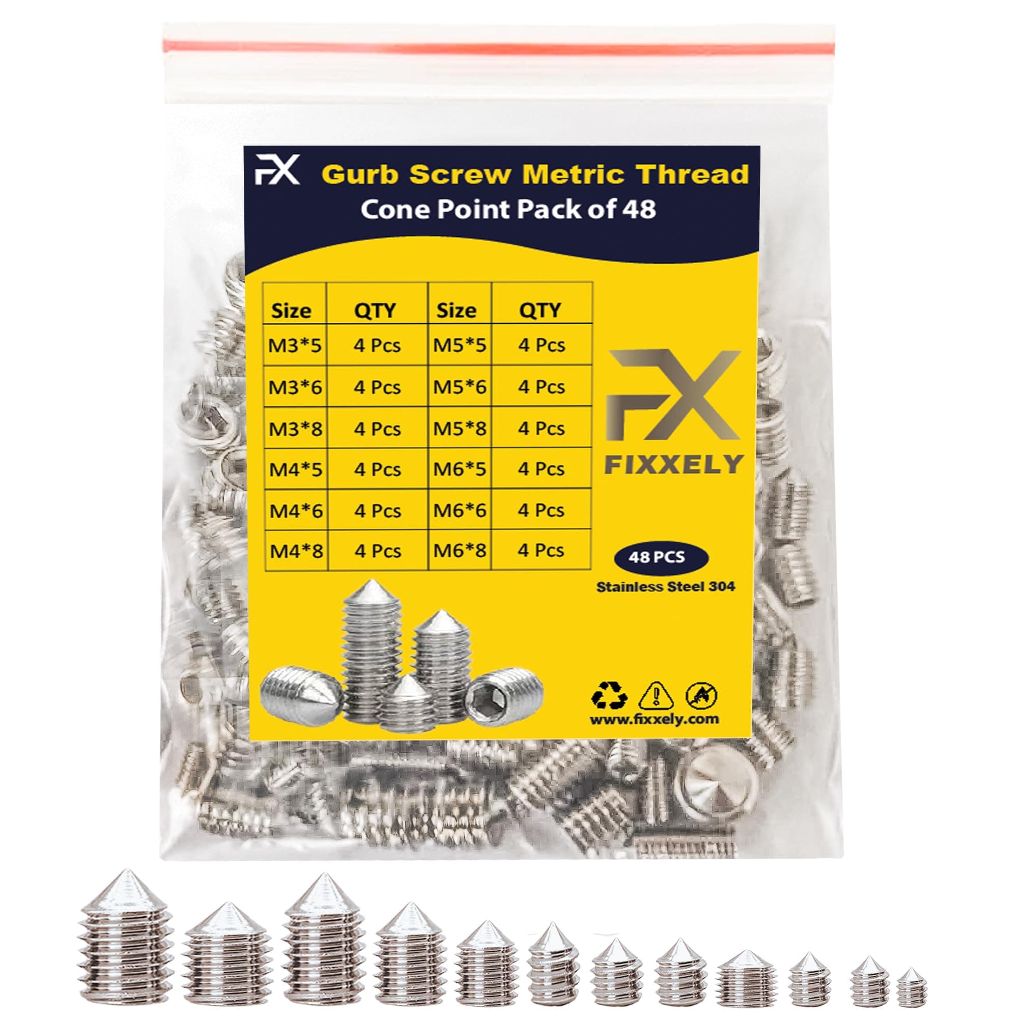 Cone Point Set Screws 48 Pcs (M3,M4,M5,M6) Hex Head - Metric 304 Stainless Steel Grub Screws Assorted Sizes Ideal for Home Repairs, Bathroom Fixtures and More