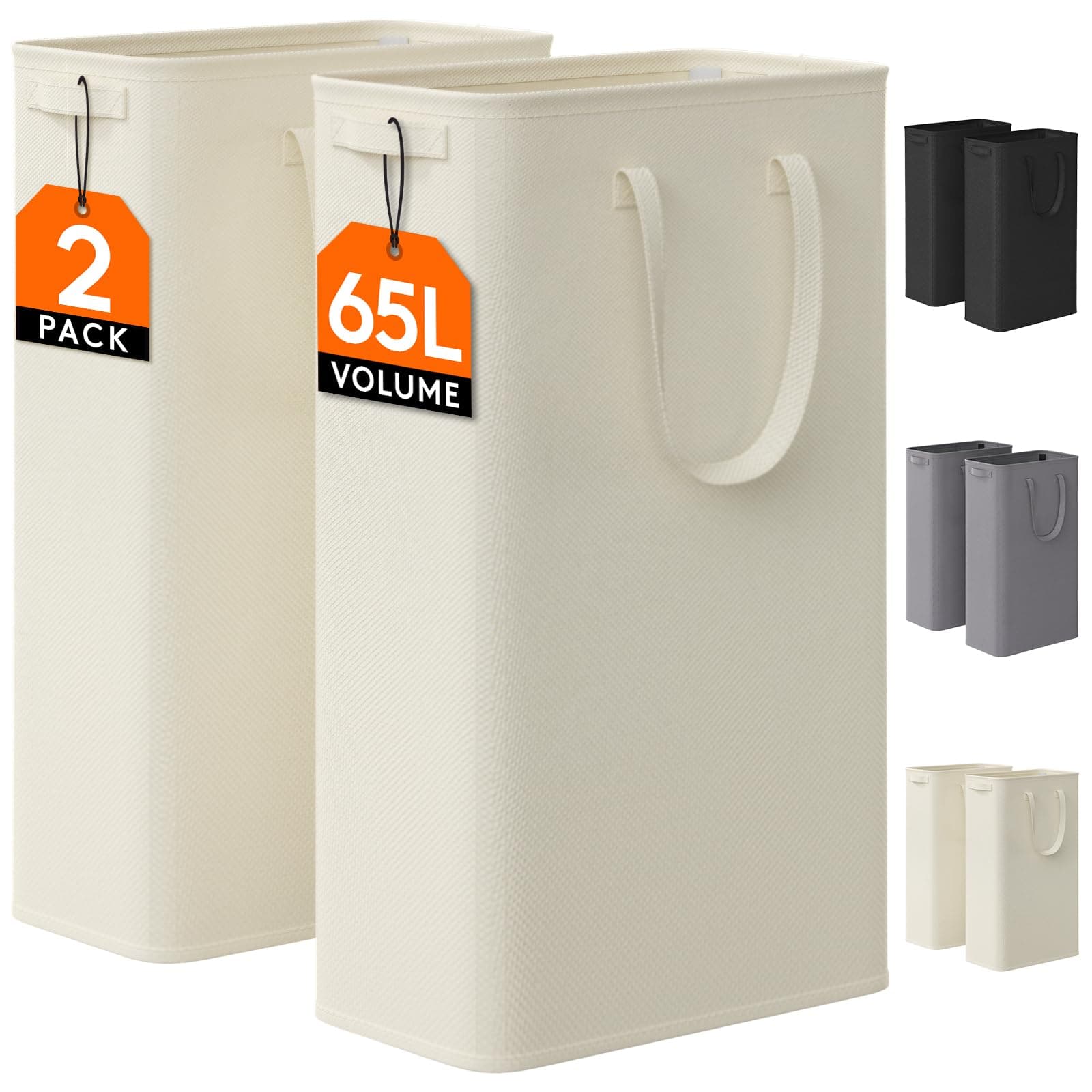 Lifewit 2 Pack Slim Laundry Hamper, Collapsible Narrow Laundry Basket, Small Tall Dirty Clothes Hampers with Handles for Bathroom Bedroom College Dorm, White, 65L