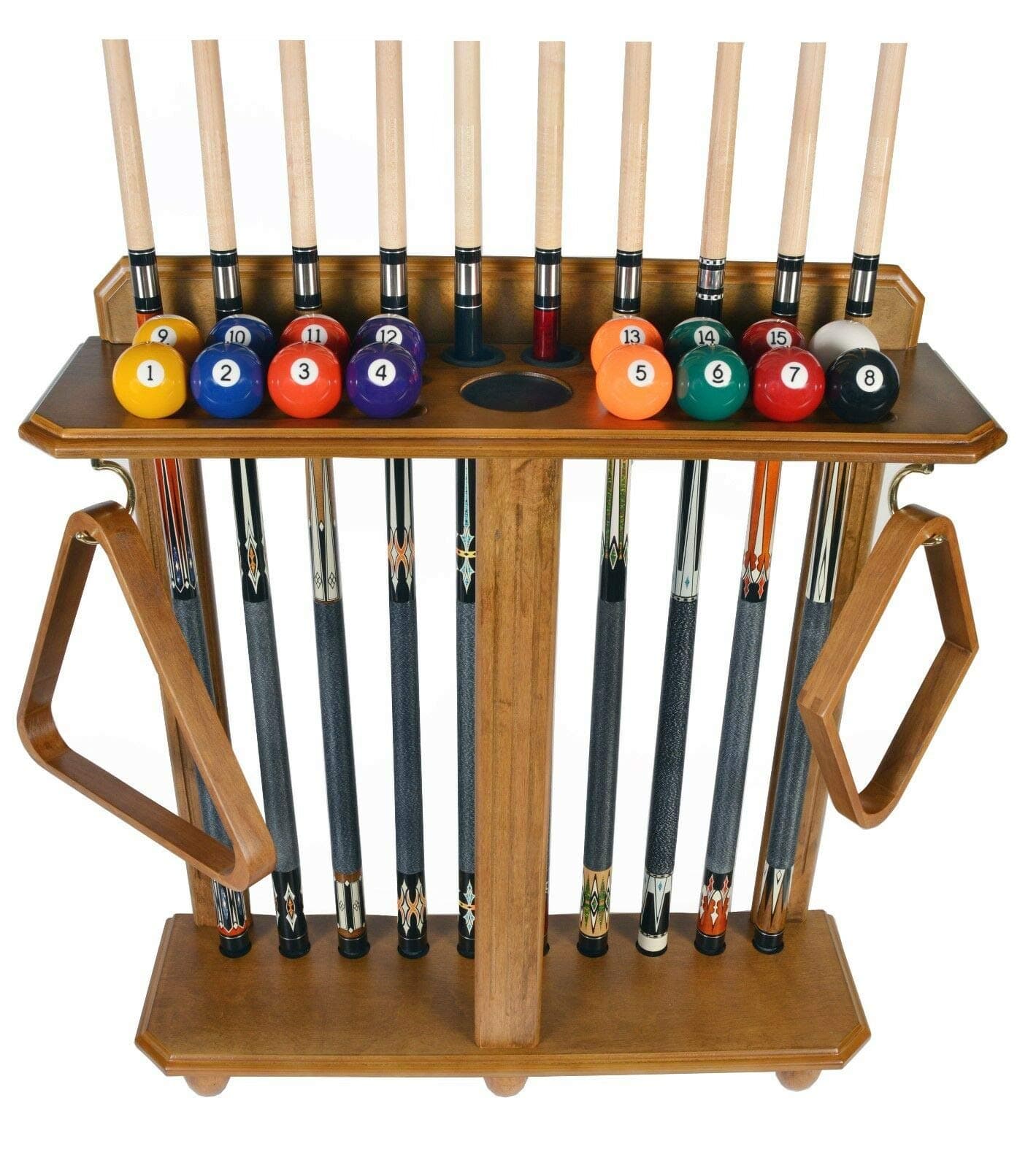 Wooden Rectangular Cue Rack Floor Freestanding Rack Stand, 10 Pool Billiard Sticks Rack, 8 Ball Snooker Cue Stick Holder Floor Rack, 2 Hook, Decor Furniture, Cue Rack Only, Oak Color