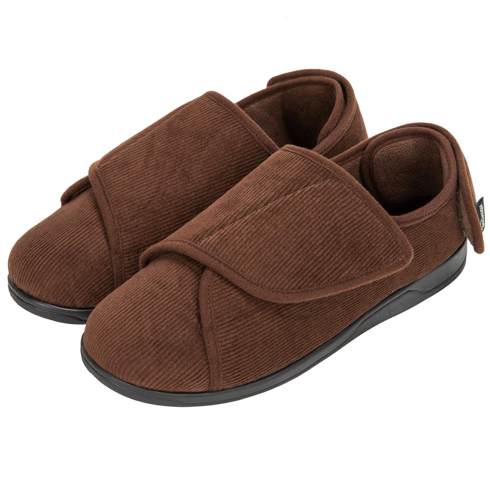 HomeTop Men's Corduroy Slippers Comfy Adjustable Hook and Loop Memory Foam Wide Indoor House Shoes for Diabetic Swollen Feet