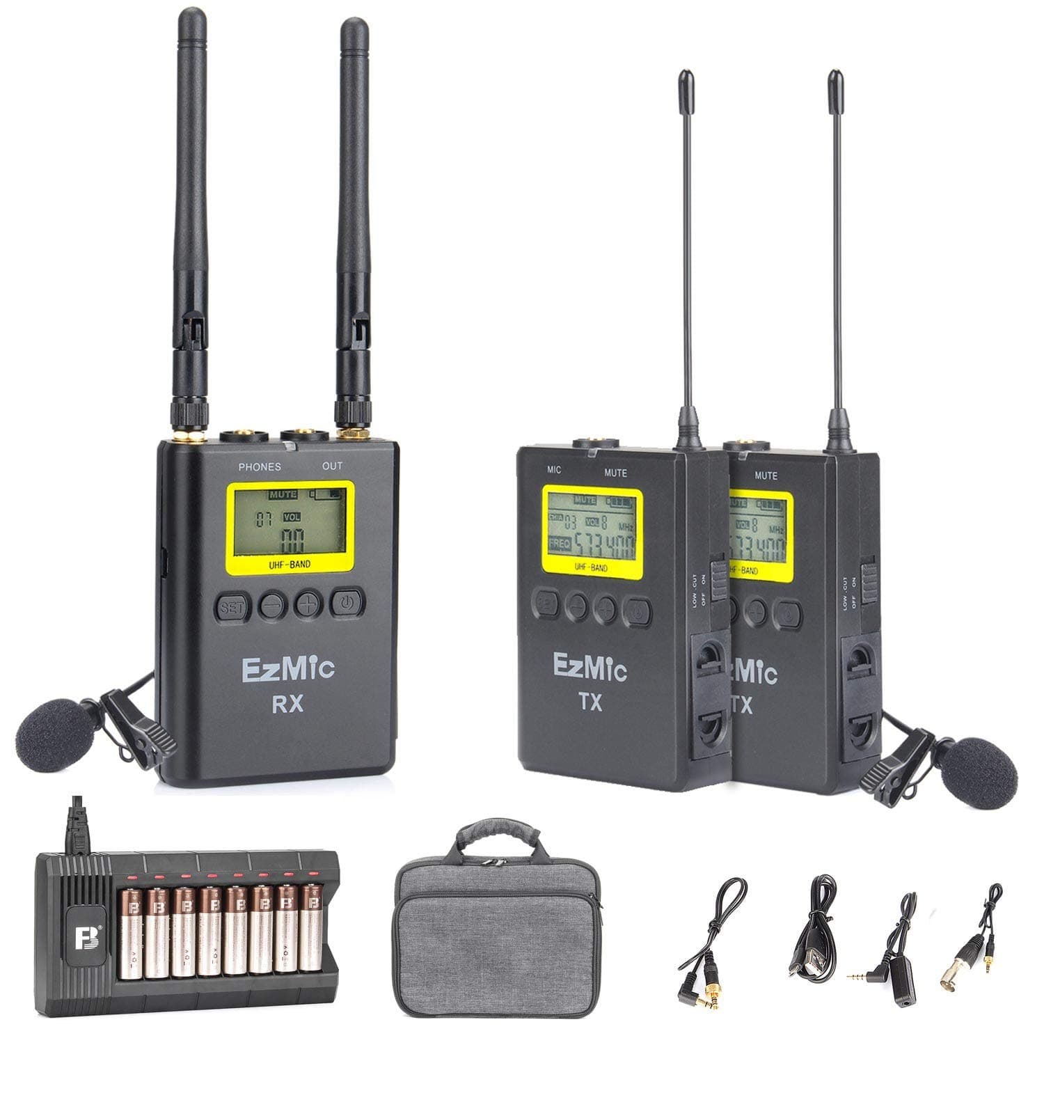 EzMic UHF Wireless Lavalier Microphone System with Battery Kit 100 Channels Lapel Lav Mic for DSLR Cameras iPhone Canon Nikon Sony Camcorder YouTube Vlog Interview