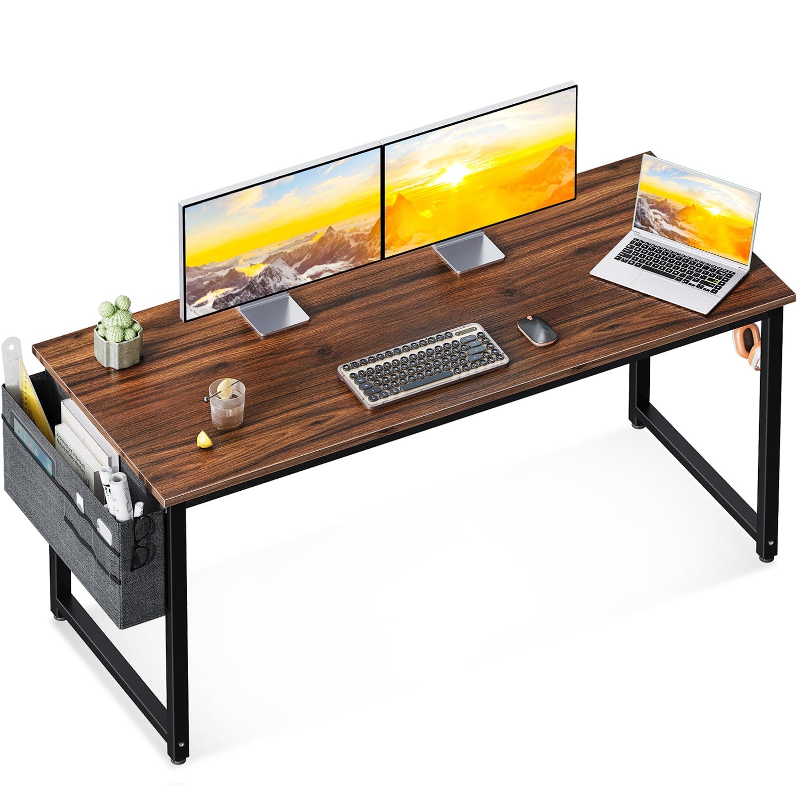 ODK Computer Writing Desk 55 inch, Sturdy Home Office Table, Work Desk with A Storage Bag and Headphone Hook, Deep Brown