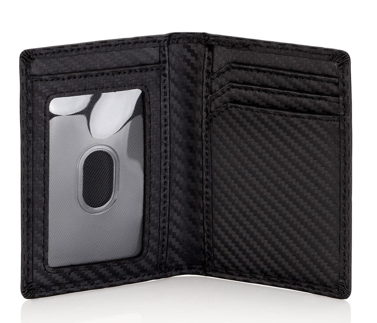 Stealth Mode Men's Slim Front Pocket Wallet - RFID Blocking, Thin Minimalist Design, Genuine Leather - ID Badge Window and 5 Sleeves for Money, Credit Cards, Driver License, Carbon Fiber Leather, Mens